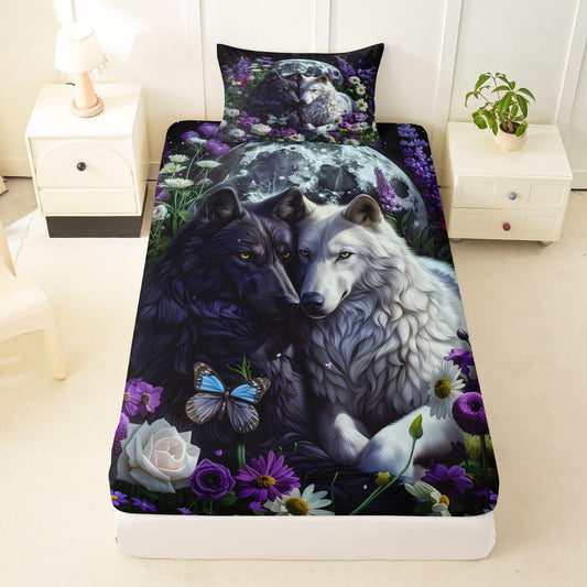 Feelyou Wolf Fitted Sheet with 1 Pillowcase Twin Size Halloween Themed Bed Sheets Set 16" Deep Pocket Boys Girls Trick or Treat Bedding Teens Bedroom Decor Breathable Soft Lightweight Microfiber