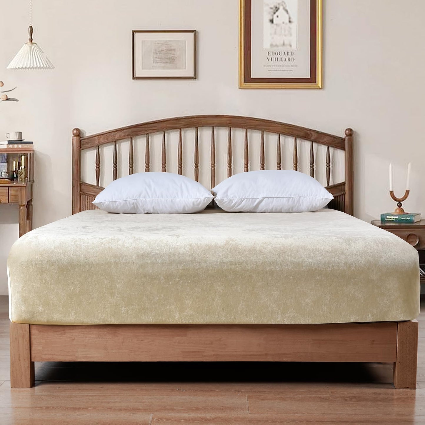 PHF Truly Velvet Fitted Sheet Only Full Size, Luxury Super Soft Cozy Fuzzy Fleece Bottom Sheet, Deep Pocket Up to 16",Strenghth Elastic Band, Suitable for Fall Winter Spring, No Pillowcases, Sand