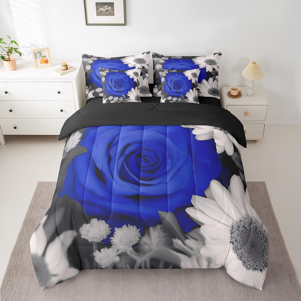 Erosebridal 7 Pcs Comforter Set Full Size,Blue Rose Daisy Floral Bed in a Bag with Flat Sheet and Fitted Sheet,Garden Farmhouse Style Bed Set,Valentine 3D Flower Bedding Set with Pillowcase & Sham
