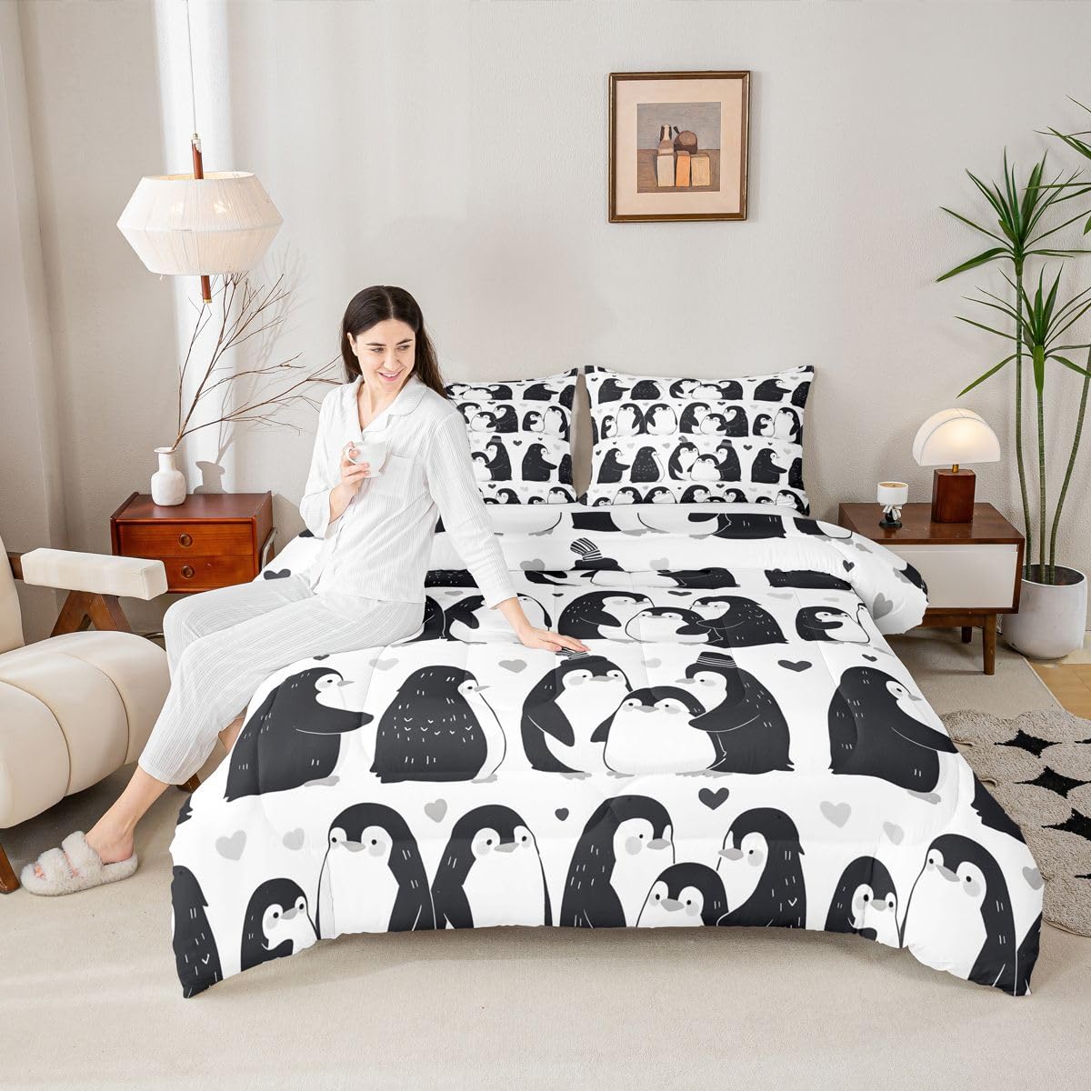 Erosebridal Cute Penguins Kids Comforter Sets Black White Penguin Queen Bedding Set for Boys Girls Antarctic Animal Theme Comforter Set,Love Heart Print Quilt Duvet 3 Pcs