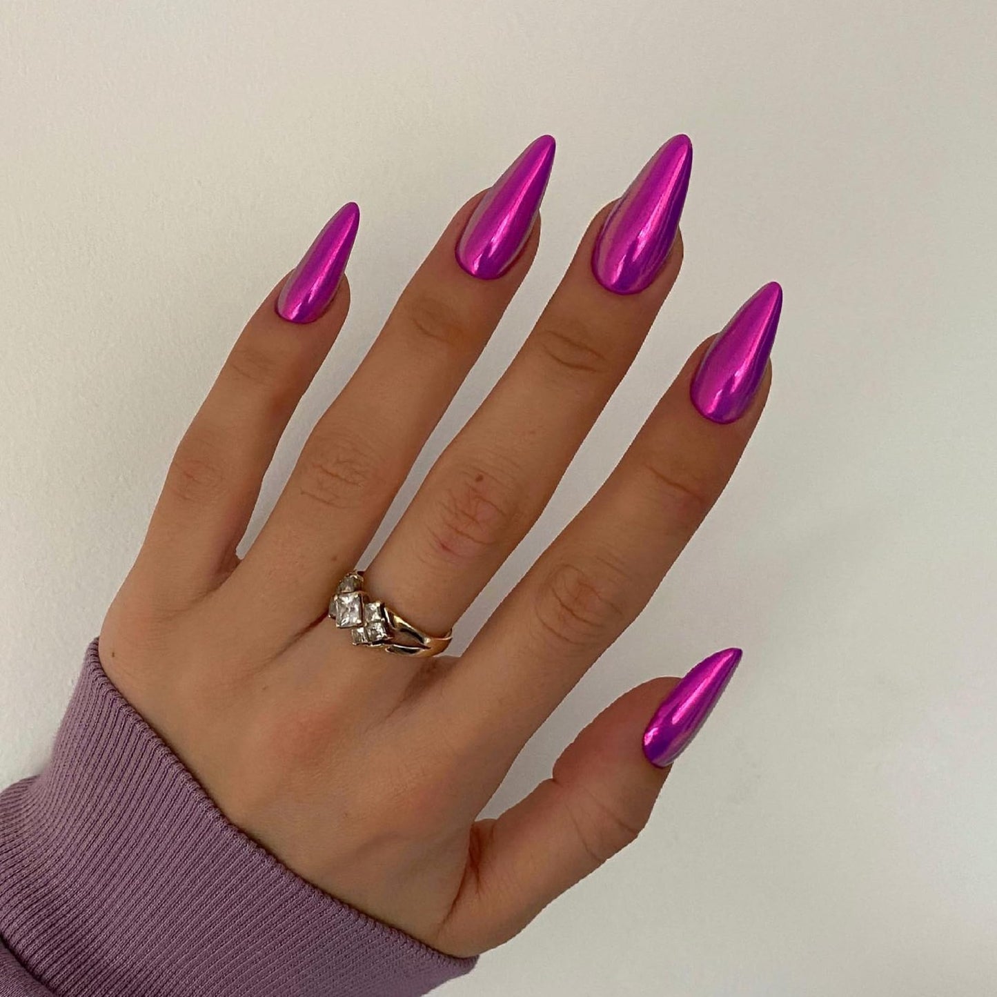 Purple Chrome Press on Nails Medium Almond,KQueenest Mirror Metal Stiletto Fake Acrylic Nails with Bling Design, Reusable Glue on Nails for Daily Party Wear, False Nails Press ons in24 PCS