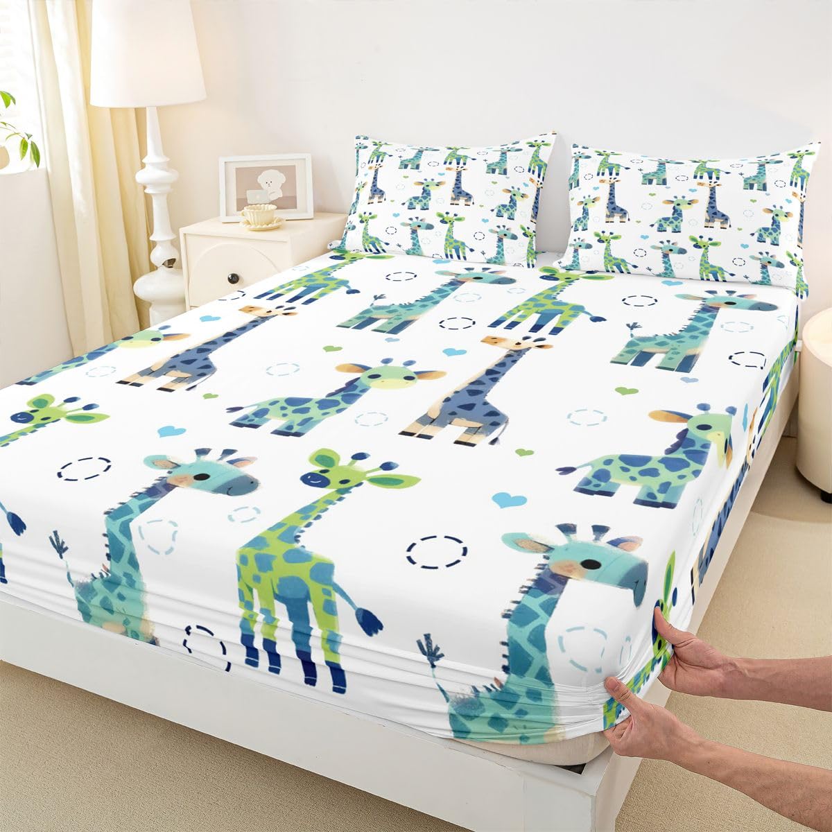 Erosebridal Giraffe Sheet Set Full Cartoon Kawaii Bed Sheets for Kids Boys Girls Geometric Circle Flat Fitted Sheet Contemporary Sheets 3 Pcs