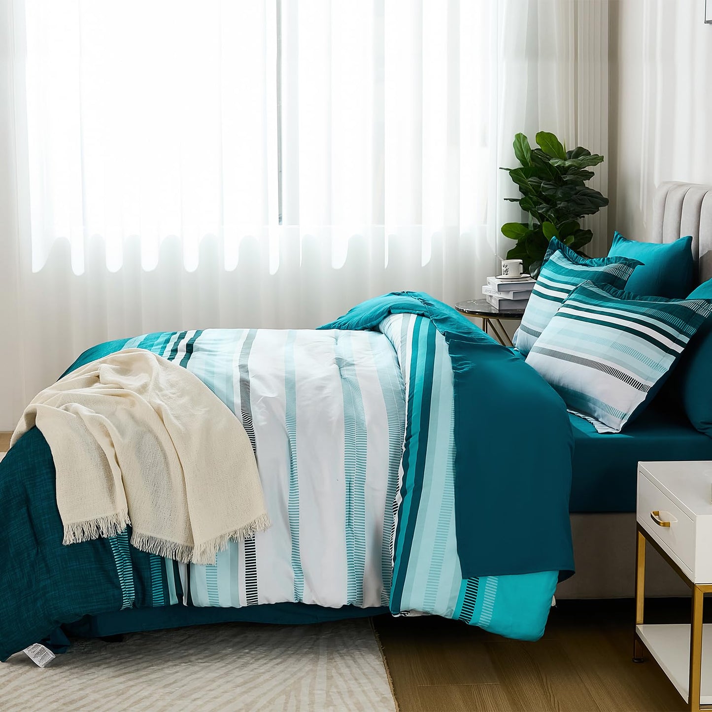 Dobuyly Teal Queen Comforter Set 7 Pieces, Blue Boho Striped Bed in a Bag Queen Size Soft Microfiber All Season Bedding Set with Comforter, Sheets, Pillowcases & Shams