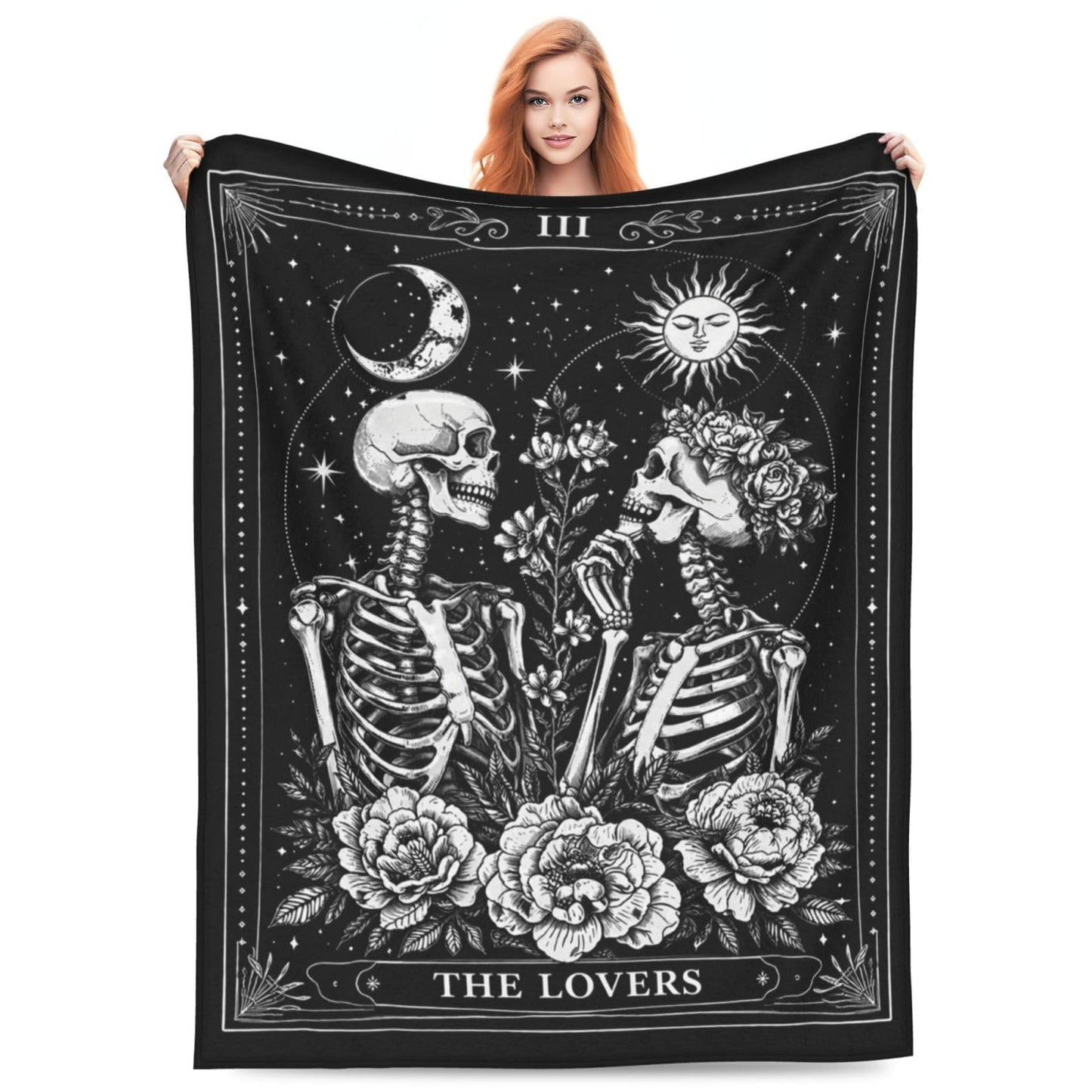 Gothic Skeleton Tarot Card Blanket, Gifts for Women, The Lovers Skull Soft Lightweight Throw Blankets for Kids Girls, Travel Bed Living Room Decor, 50x60in