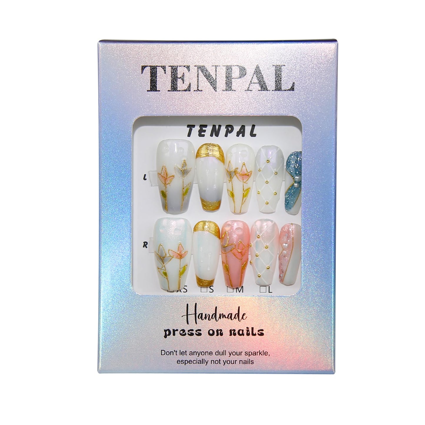 TENPAL 10Pcs Artisan Press on Nails with Kit,Hand-Painted Tulip Coffin 3D Champagne Gold & Heirloom Glitter Fake Nails,Acrylic Glossy Vintage Luxe Gel Effect for Women(XS)