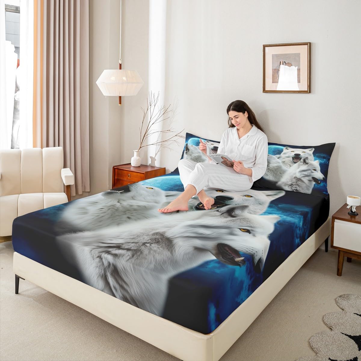 Manfei White Wolf 3D Print Fitted Sheet Full Size Night Moon Bedding Set 3pcs for Kids Teens Room Decor,Wild Animals Bed Cover Soft Breathable Bed Sheet Set with 2 Pillowcases
