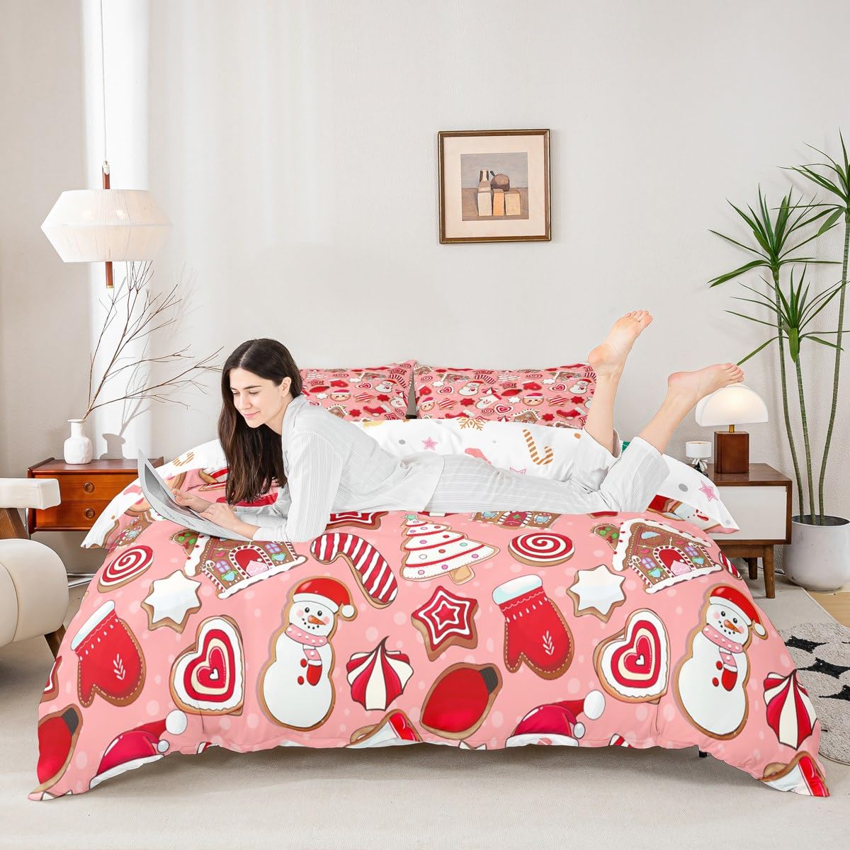 Christmas Duvet Cover Set Twin Size Cartoon Gingerbread Santa Claus Bedding Set 2pcs for Kids Girls Boys Bedroom Decor Cute Snowman Christmas Tree Comforter Cover Pink Red Quilt Cover,1 Pillowcase