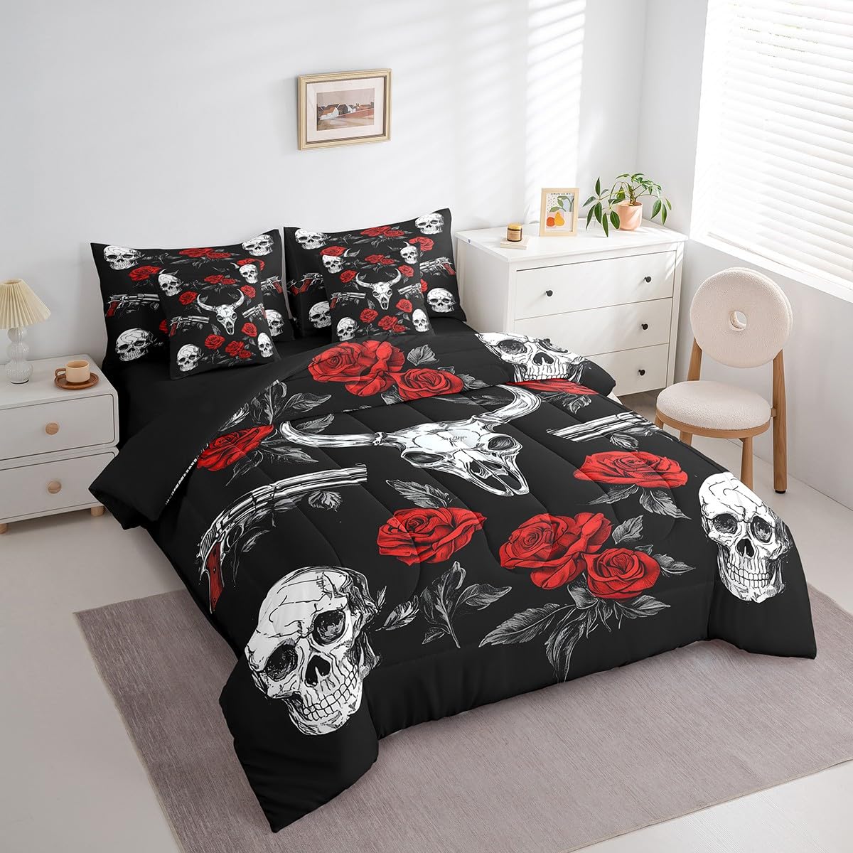 jejeloiu Cow Skull Comforter Set with Sheets Twin Size Kids Gothic Skull Skeleton 7 Pieces Bedding Set for Boys Girls Teens Rose Gun Bed in a Bag Breathable Western Bed Set Room Decor