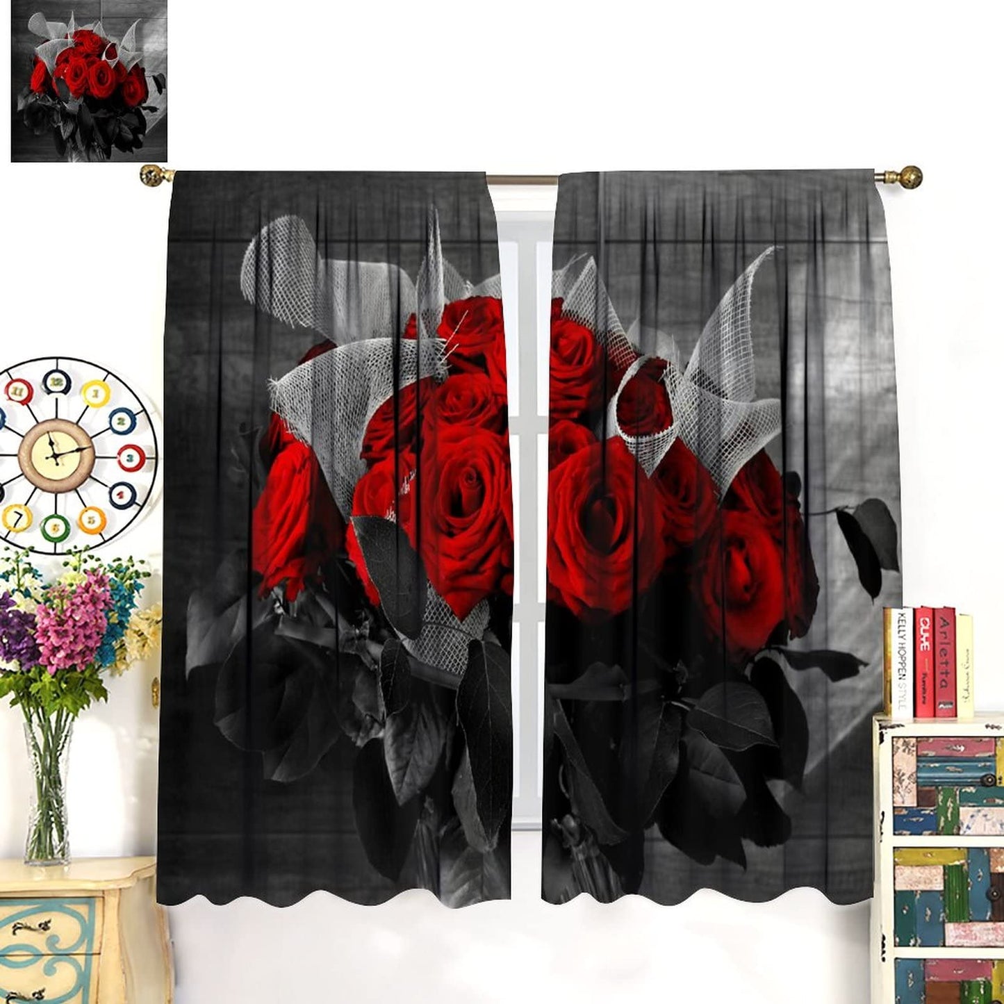JESTRONRY Red Floral Curtains,Red Rose Wine Theme Romantic Flower Red Rose Window Treatments Curtains for Living Room Girls Women Bedroom Home Decor Blackout Drapes W42xL45in