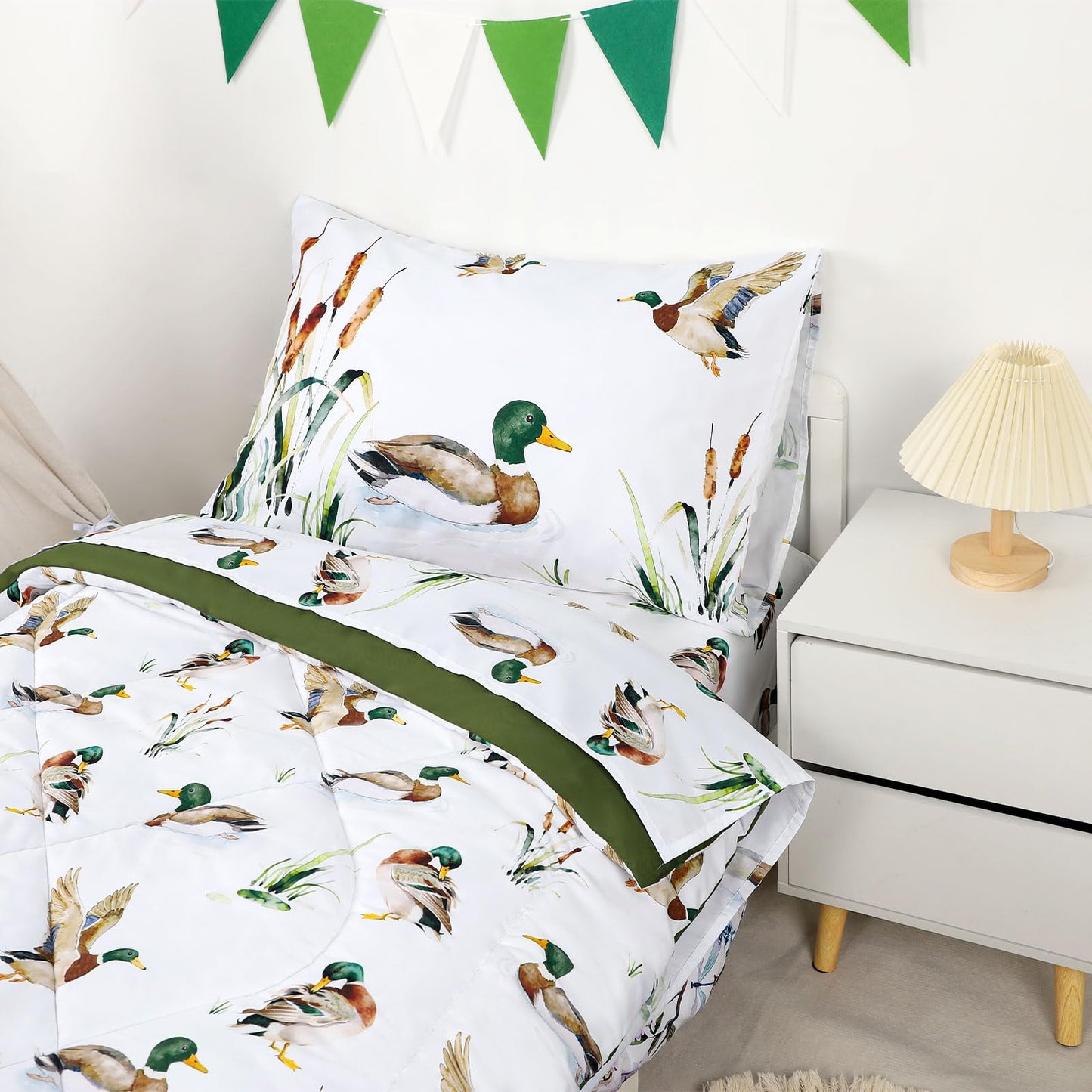 CARUILI Mallard Duck Toddler Bedding Set for Boys, 4 Pieces Soft Microfiber Green Toddler Comforter Set for 28" x 52" Toddler Mattress & Crib, Includes Comforter, Flat Sheet, Fitted Sheet, Pillowcase