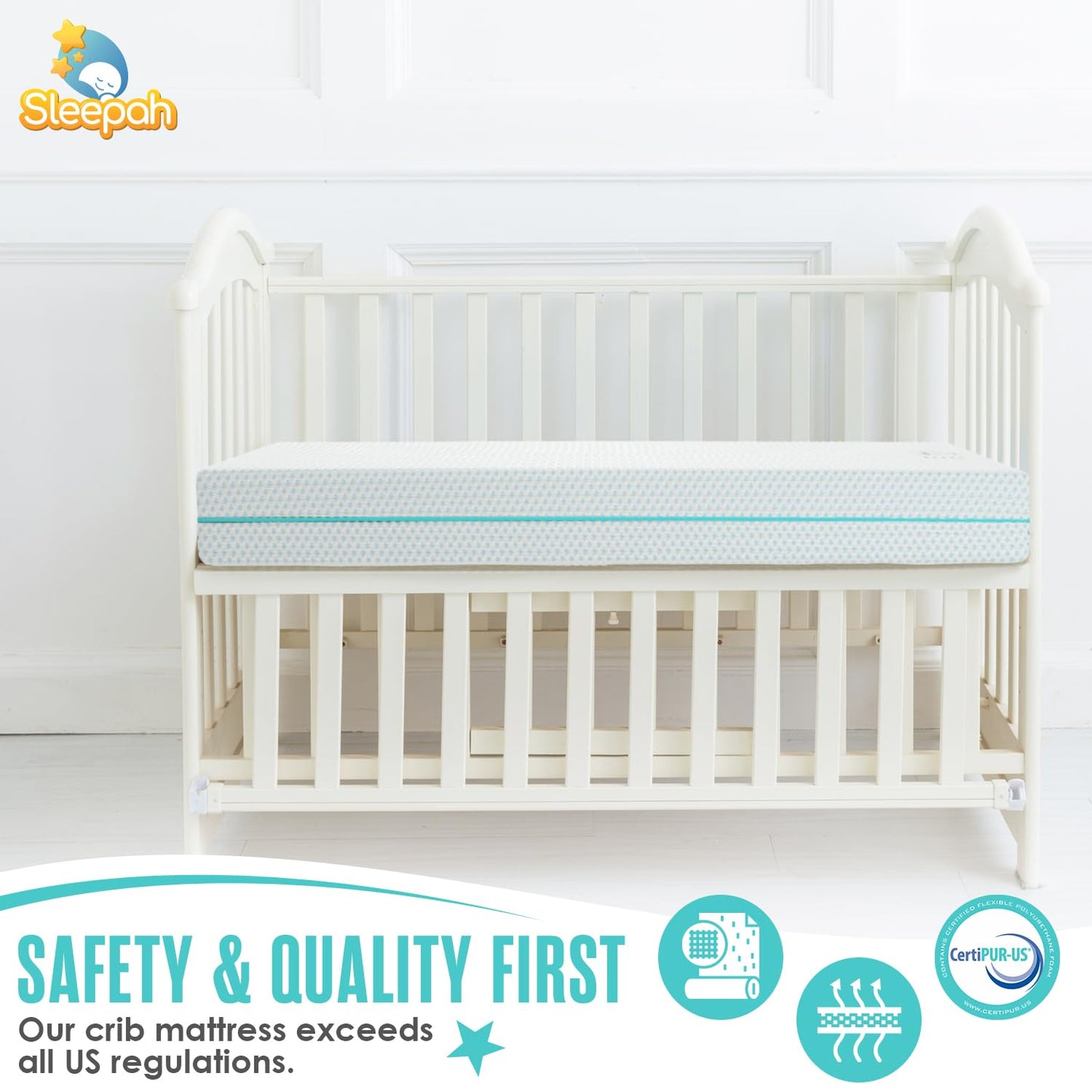 Sleepah 6" Crib & Toddler Bed Mattress - Made in USA – Waterproof Washable Breathable Soft Fabric - Dual Sided Cooling Memory Foam – CertiPUR & OKEO-Tex Certified Mattresses for Baby & Toddlers Blue