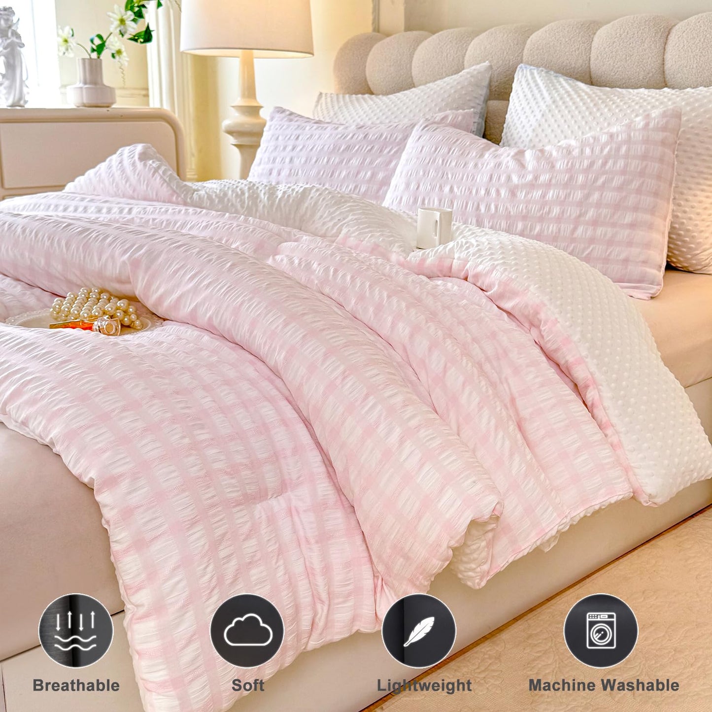 tohrisa Boho Comforter Set Twin Size - 2 Pieces Lightweight Jacquard Seersucker Bedding Sets (1 Soft Fluffy Grid Comforter & 1 Pillowcase) - All Seasons Cozy Modern Bed Set(68"x90" Blush Pink)