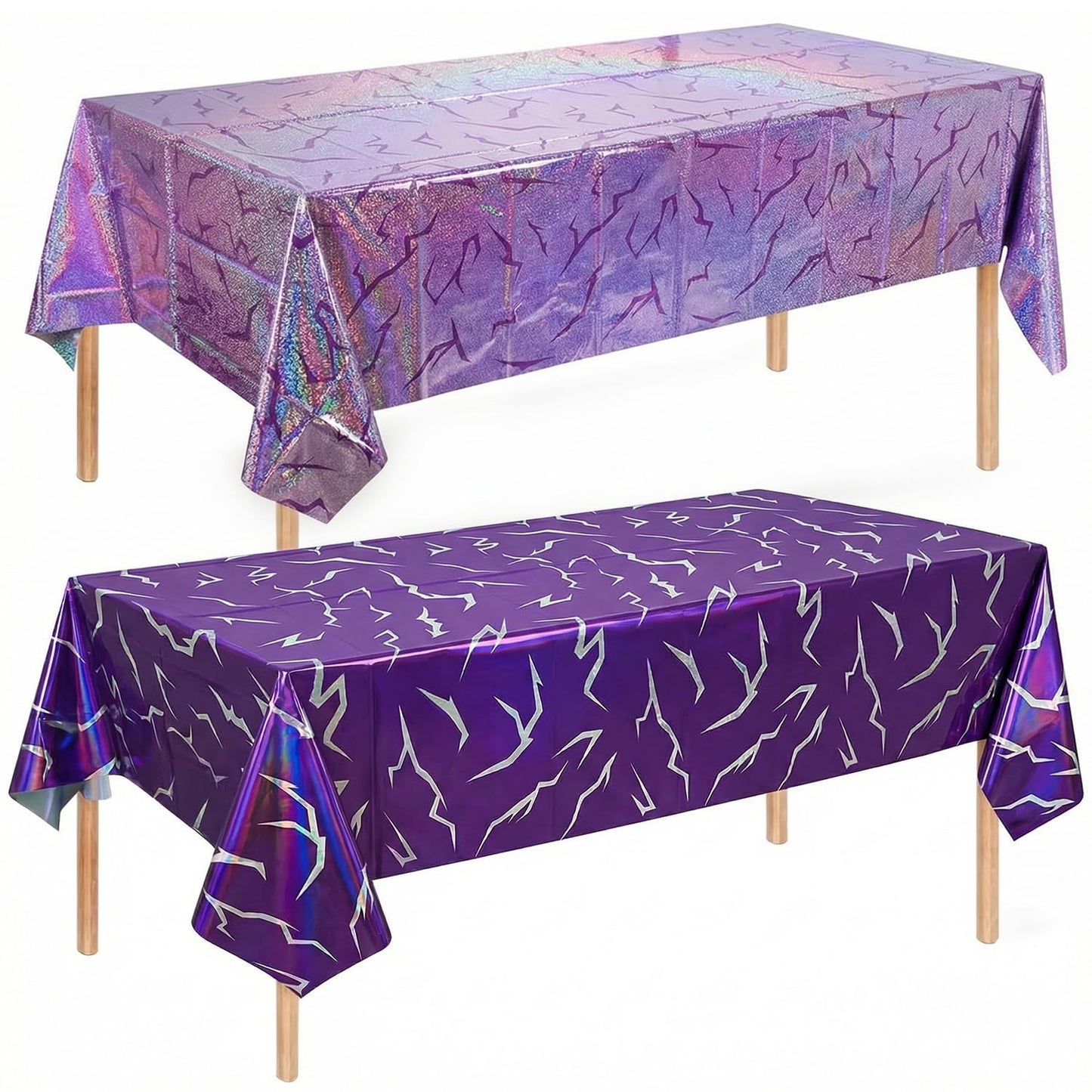 K-Style Birthday Decorations Iridescent Holographic Laser Tablecloth 2 Pack Purple Lightning Pattern Disposable Waterproof Plastic Table Covers for Girls Disco Bachelorette Party Supplies, 54x108 Inch