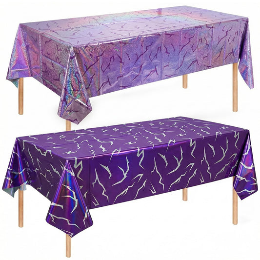 K-Style Birthday Decorations Iridescent Holographic Laser Tablecloth 2 Pack Purple Lightning Pattern Disposable Waterproof Plastic Table Covers for Girls Disco Bachelorette Party Supplies, 54x108 Inch