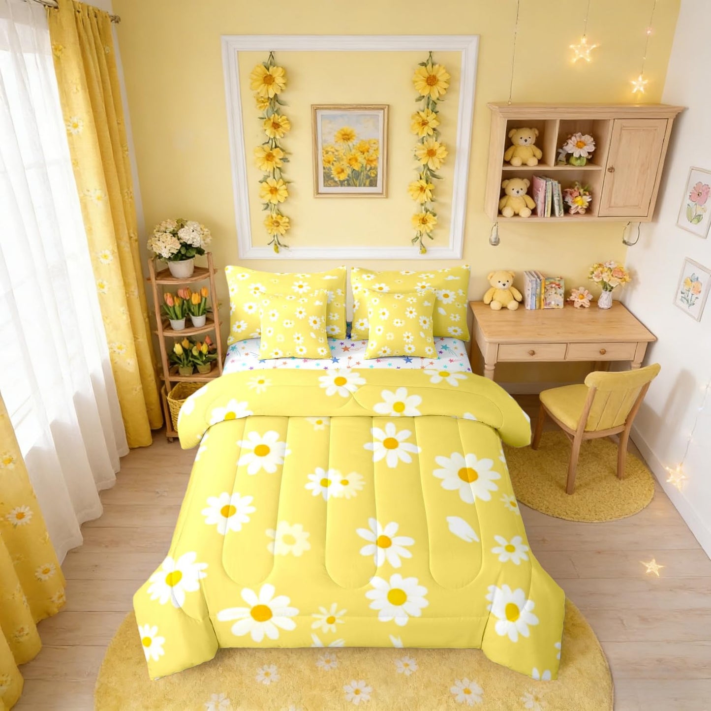 Erosebridal Cute Daisy 7 Pcs Bedding Set Twin Size for Teen Girls White Yellow Comforter Set with Sheets for Kids Women Groovy Floral Bed in A Bag Trendy Coquette Flower Bed Sets All Season