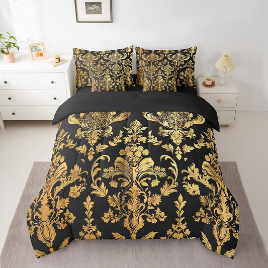 Feelyou Gold Black Vintage Floral 7 Piece Bedding Set Full Size Gothic Bohemia Boho Flower Comforter Set with Sheets for Kids Adult Oriental Antique Bed in a Bag Luxury Bed Set