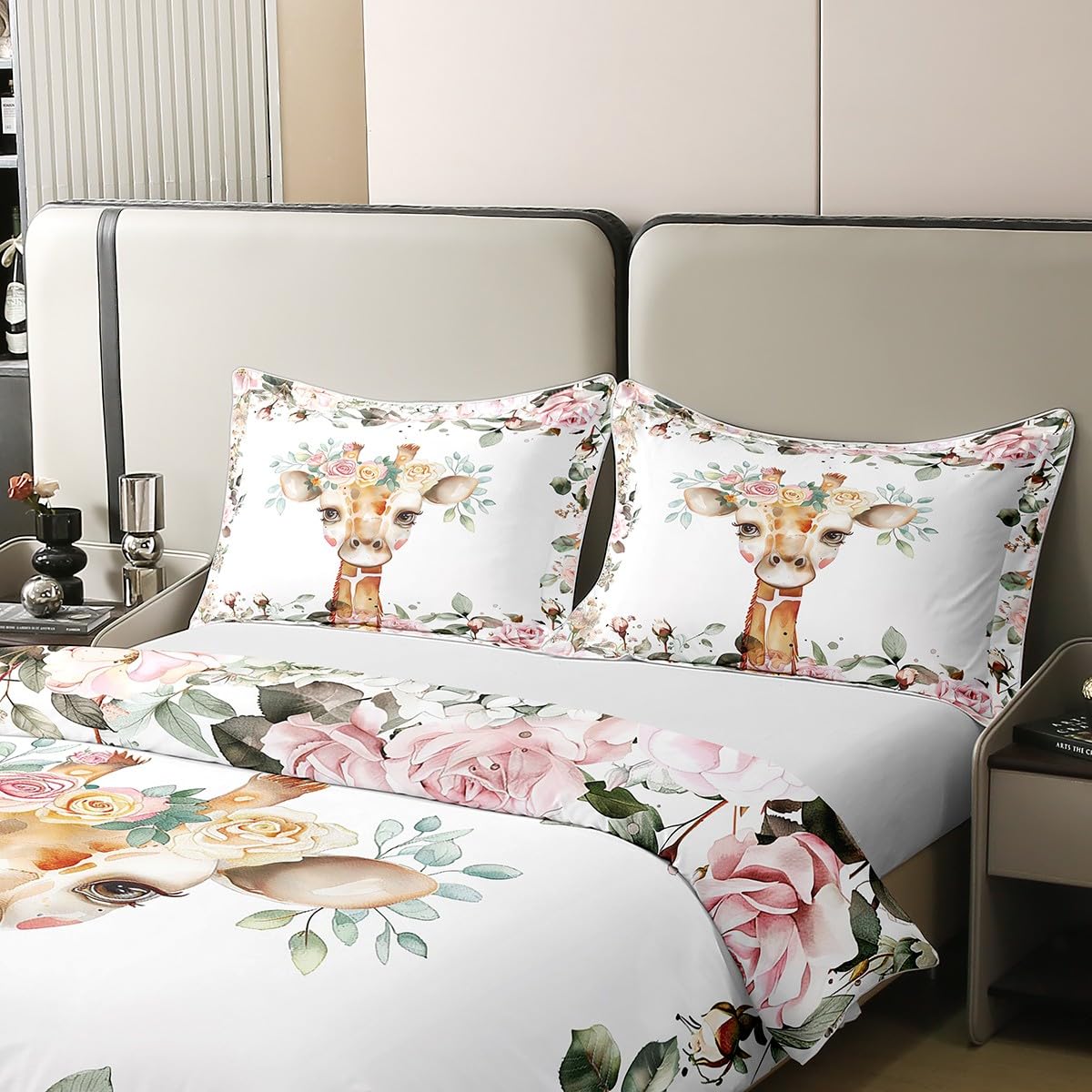 100% Cotton Kids Cartoon Animal Comforter Cover Cute Giraffe Bedding Sets Pink Rose Duvet Cover Queen Size Girls Floral Flower Quilt Cover,Wildlife Giraffe Skin Bedspread Cover Botanical Room Decor