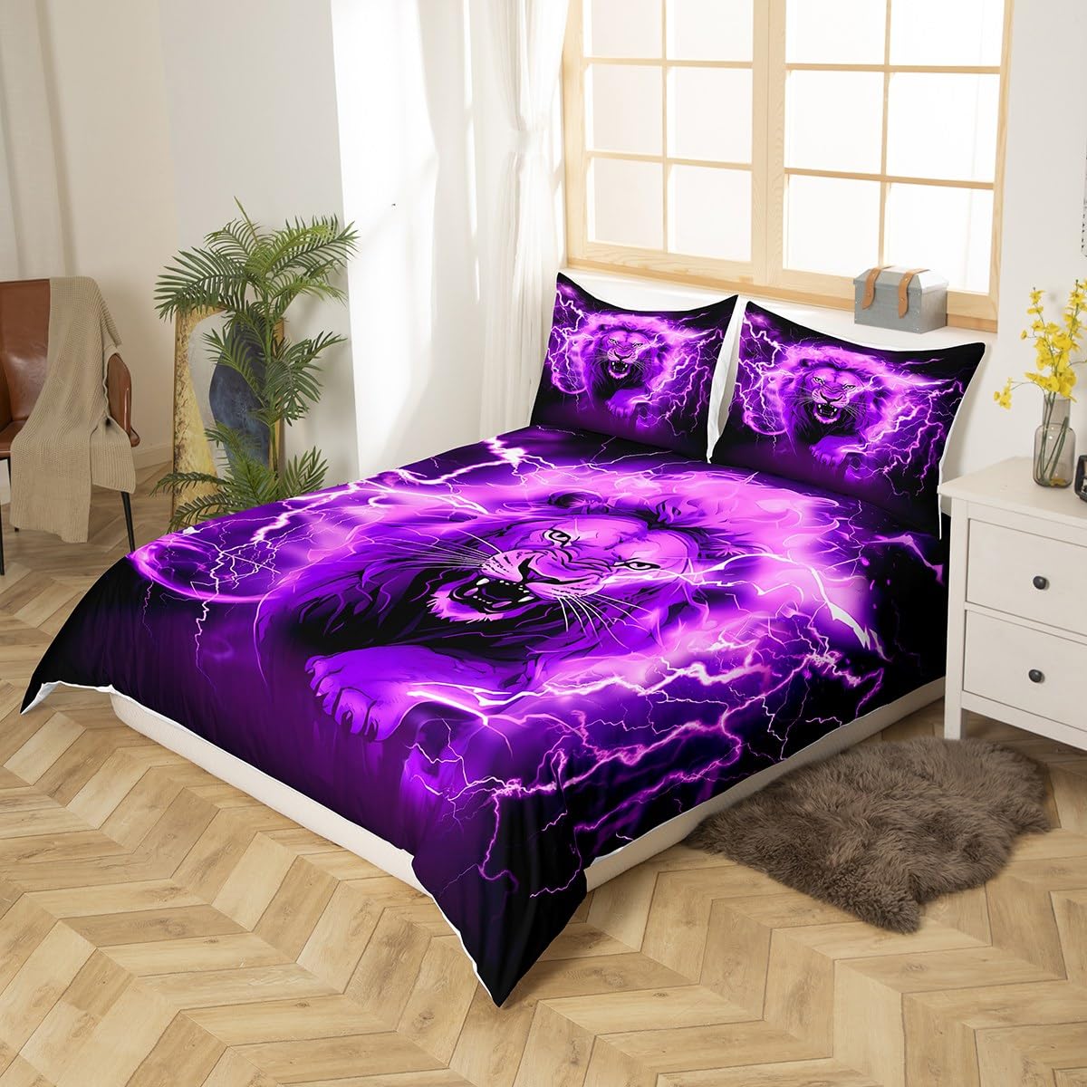Manfei Lion Duvet Cover Set Queen Size, Purple Lightning Lion Comforter Cover with 2 Pillowcases, Wild Animal Theme Bedding Set 3pcs for Kids Boys Teens Adults Lightweight Bedspread Cover,No Comforter