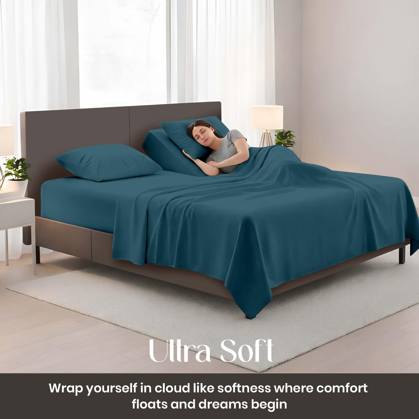 SGI bedding Adjustable Split Head Flex Top King 32" Microfiber Sheet Set – Ultra Soft, Cooling & Deep Pocket 15” Fitted, 4-Piece Breathable & Durable Bedding Set for Split King Beds -Teal