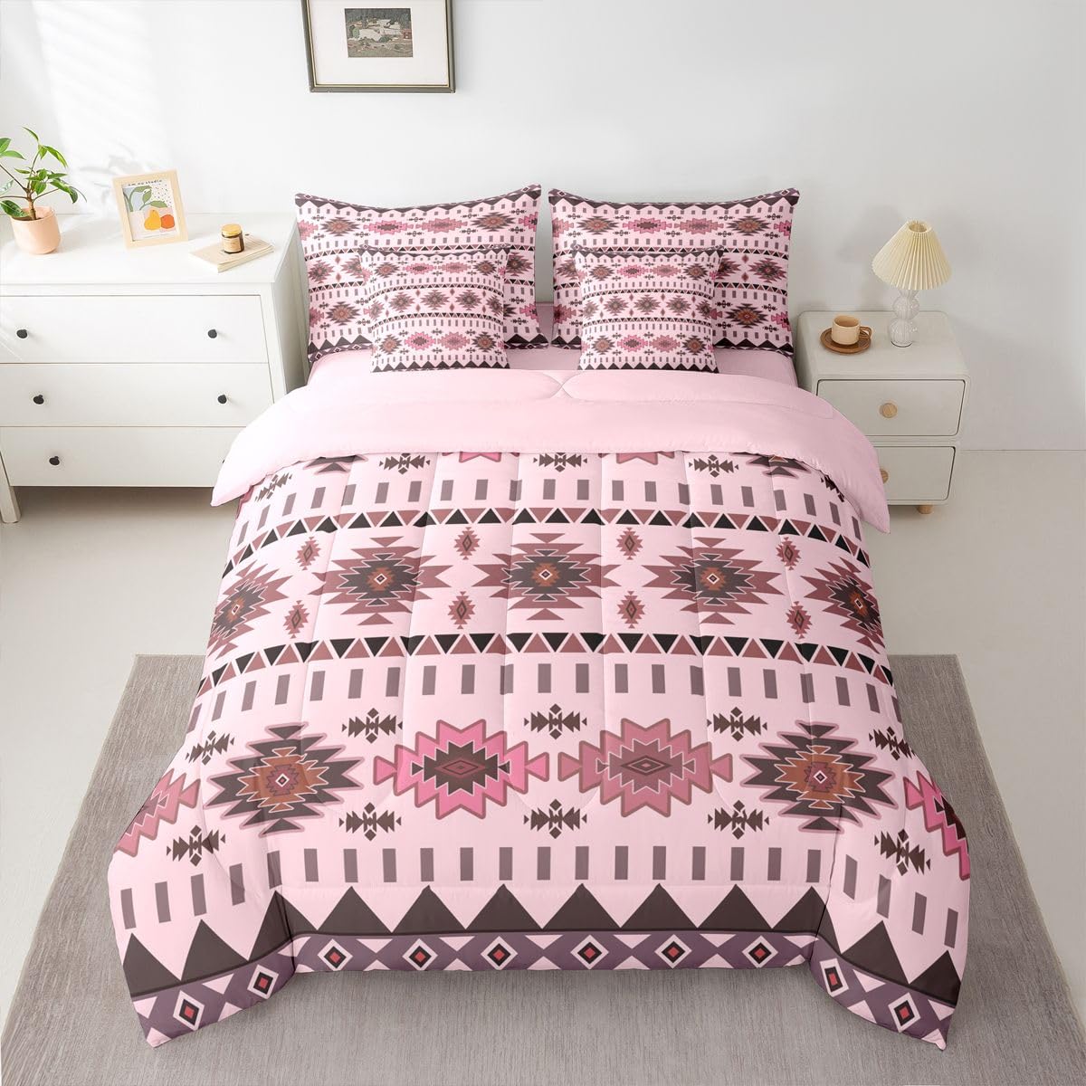 Erosebridal Rustic 7 Piece Bedding Set Queen Aztec Comforter Set with Sheets Tribal Native American Boho Western Bed in a Bag Mysterious Simple Geometric Pink for Teens Men Women