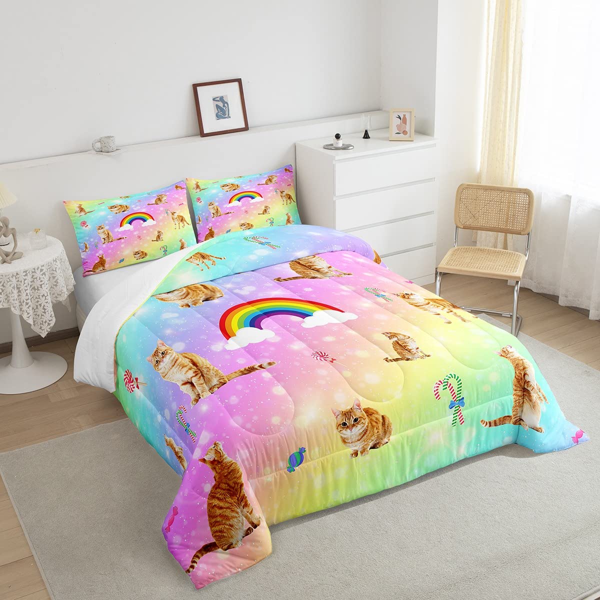 Erosebridal Cat Comforter Set, Starry Sky Bedding Set Twin for Girls Kids Boys Bedroom Decor, Rainbow Galaxy Down Comforter, Soft Breathable Microfiber Quilted Comforter with 1 Matching Pillowcase