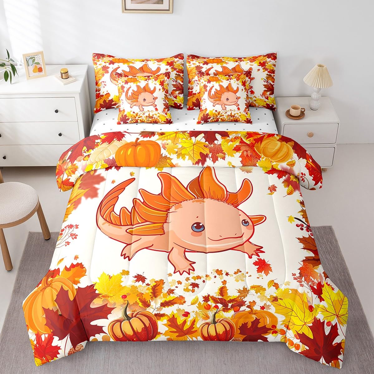 7 Piece Cute Axolotl Bed in a Bag Twin Autumn Harvest Theme Sheet Set Thanksgiving Day Gifts for Boys Girls Kids Fall Bedding Comforter Autumn Pumpkins Maple Leaves Kawaii Salamander Cushion Covers