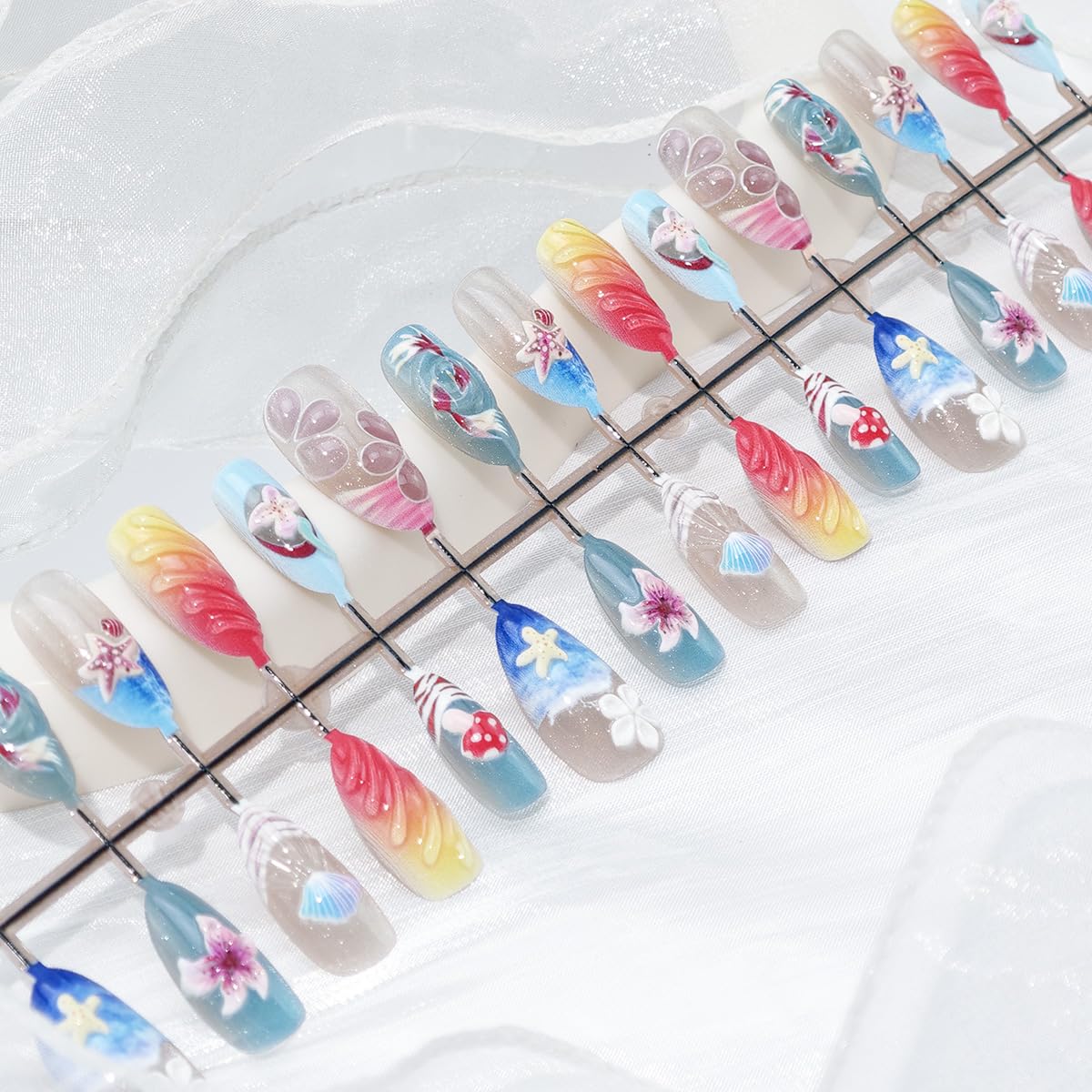 24Pcs Beach Press on Nails Medium Almond French Tip Fake Nails with 3D Shell Starfish Koi Flower Mushroom Designs Full Cover Glitter Stick on Nails Summer False Nails for Women Acrylic Manicure DIY