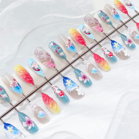 24Pcs Beach Press on Nails Medium Almond French Tip Fake Nails with 3D Shell Starfish Koi Flower Mushroom Designs Full Cover Glitter Stick on Nails Summer False Nails for Women Acrylic Manicure DIY