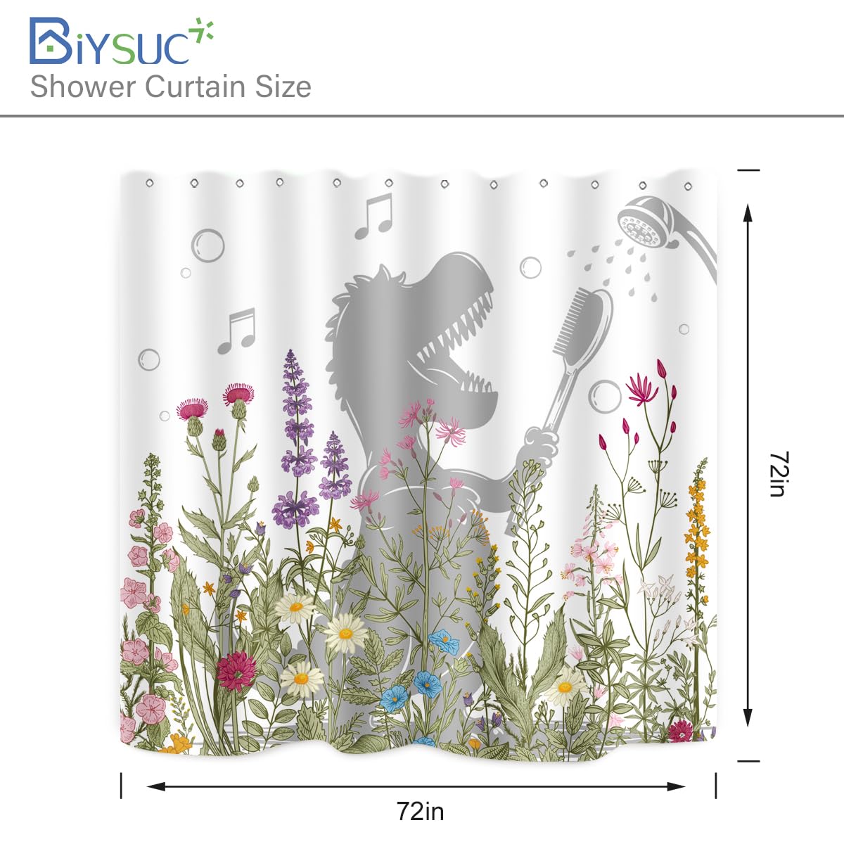 BIYSUC Dinosaur Shower Curtain Funny Dino Sing Bathe Behind Wildflowers Trex Silhouette Shadow for Kids Bathroom Home Decor Waterproof Polyester Fabric 72Lx72W Inch with Hooks