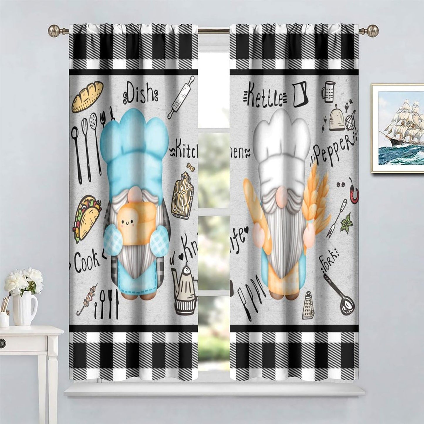 ICMOLYYENLO Chef Window Curtains - Bedroom & Living Room 2 Panel Set, 42x45 Inch, Buffalo Plaid, Themed Kitchen Curtains
