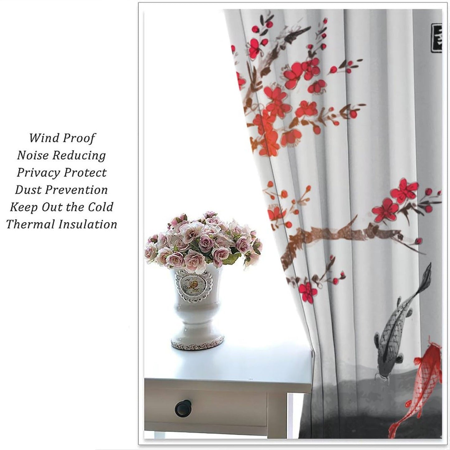 Japanese Curtains,Cherry Blossom Red Floral Ink Painting Window Treatment Curtains Cloth Farbic for Dining Room Cafe Living Room Bedroom Kitchen Office Drapes Decor,42x45 in