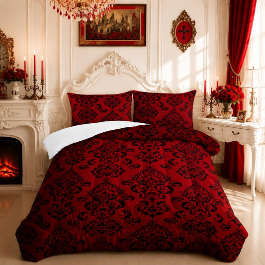 Nttopship Red Gothic Floral Print Comforter Set Queen Size,Vintage Damask Floral Bedding Set,Bohemian Exotic Printed Quilted Set for Teens Adult,with 1 Comforter and 2 Pillow Case