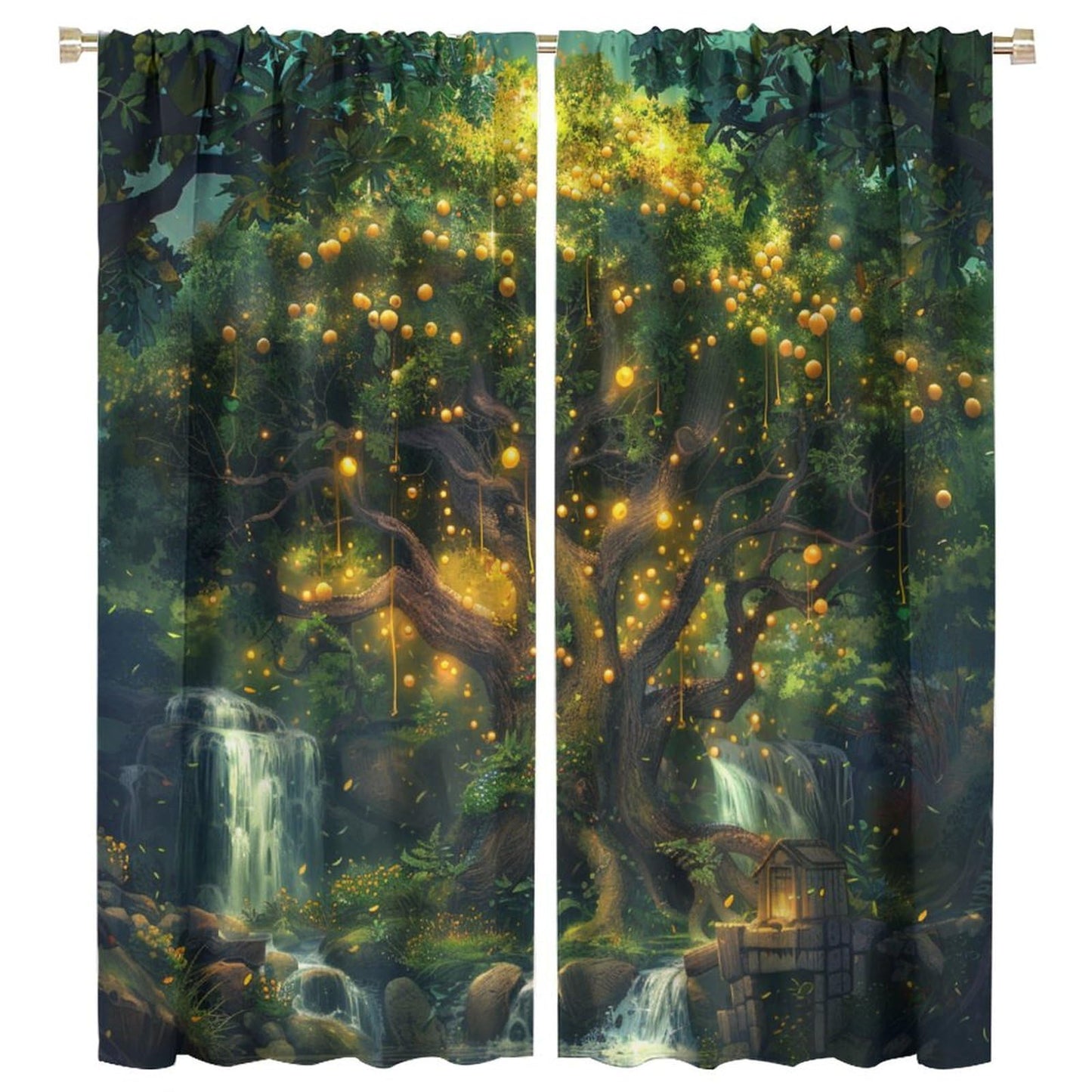 TOWINSFB Beautiful Tree Blackout Curtains, Golden Fruit Waterfall Rural Landscape Home Decor Rod Pocket Window Drapes for Living Room Bedroom- 2 Panels, Each 45" L x 21" W