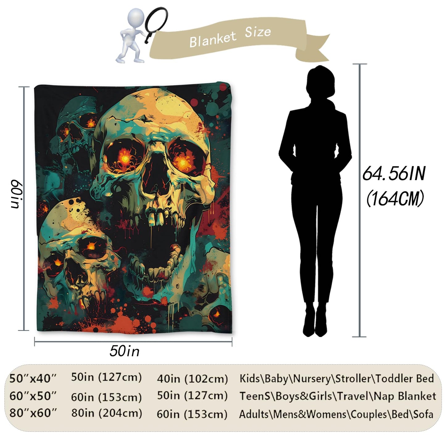 Ti Caldi Terrifying Skull Blanket | Soft Warm Fuzzy Lightweight Flannel Creepy Throw Blanket for Couch, Bed, Halloween Decor, Travel & Outdoor Use, Cozy Blankets for Adults Women Men 60×50 in