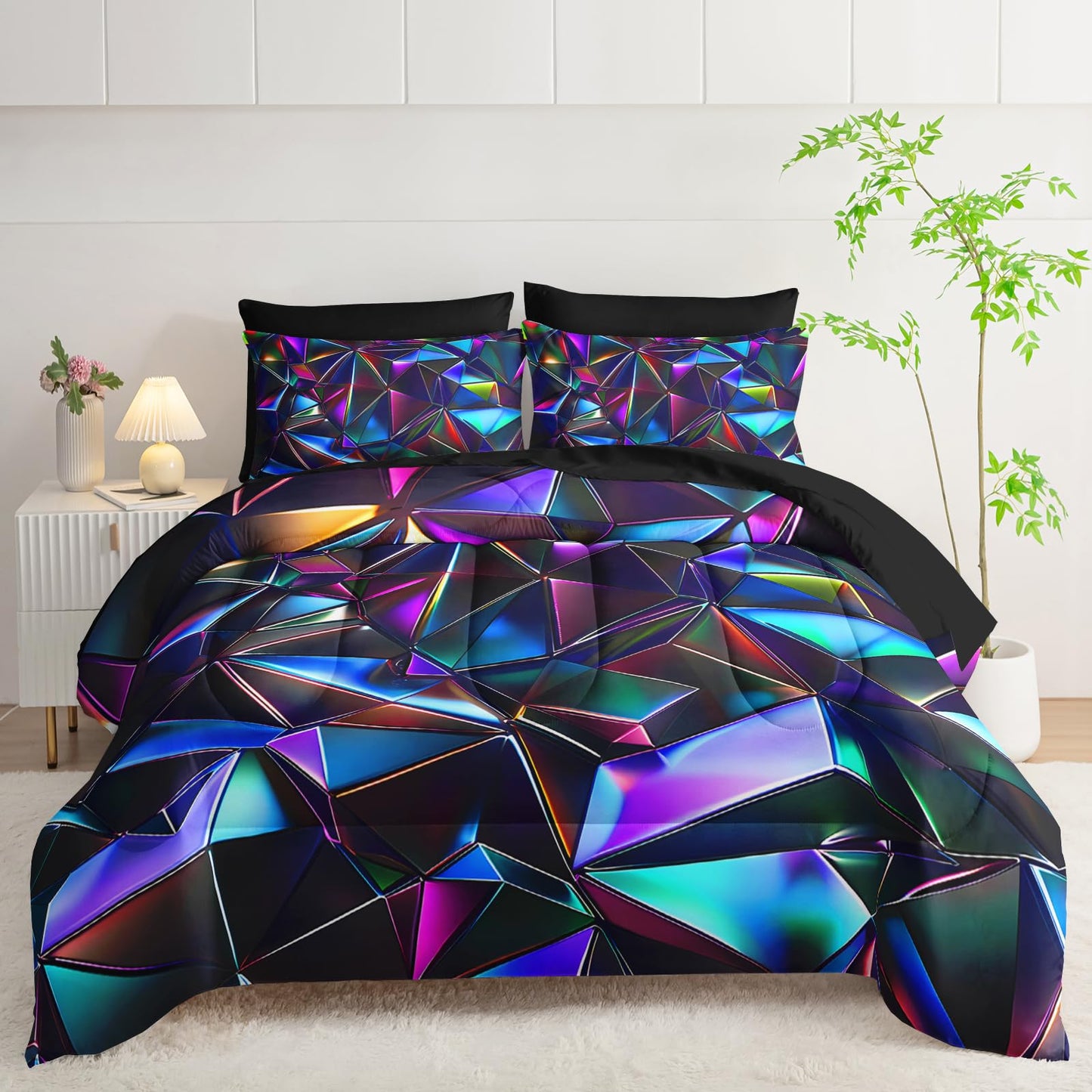 lneffble 7 Piece Purple Geometric Abstract Pattern Comforter Set King Size，Abstract Diamond Print Bedding King，(1 Comforter, 1 Flat Sheet, 1 Fitted Sheet, 2 Pillowcase and 2 Pillow Sham)