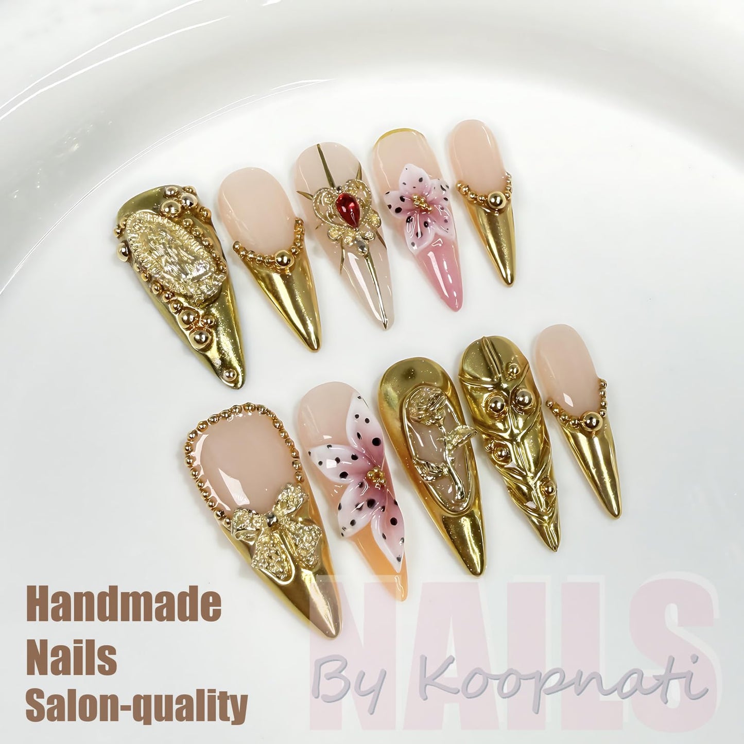 Handmade 3D Nail Art Press Ons Homemade Press On Nails French Tip With 3D Design Summer Flower Fake Nail For Women M