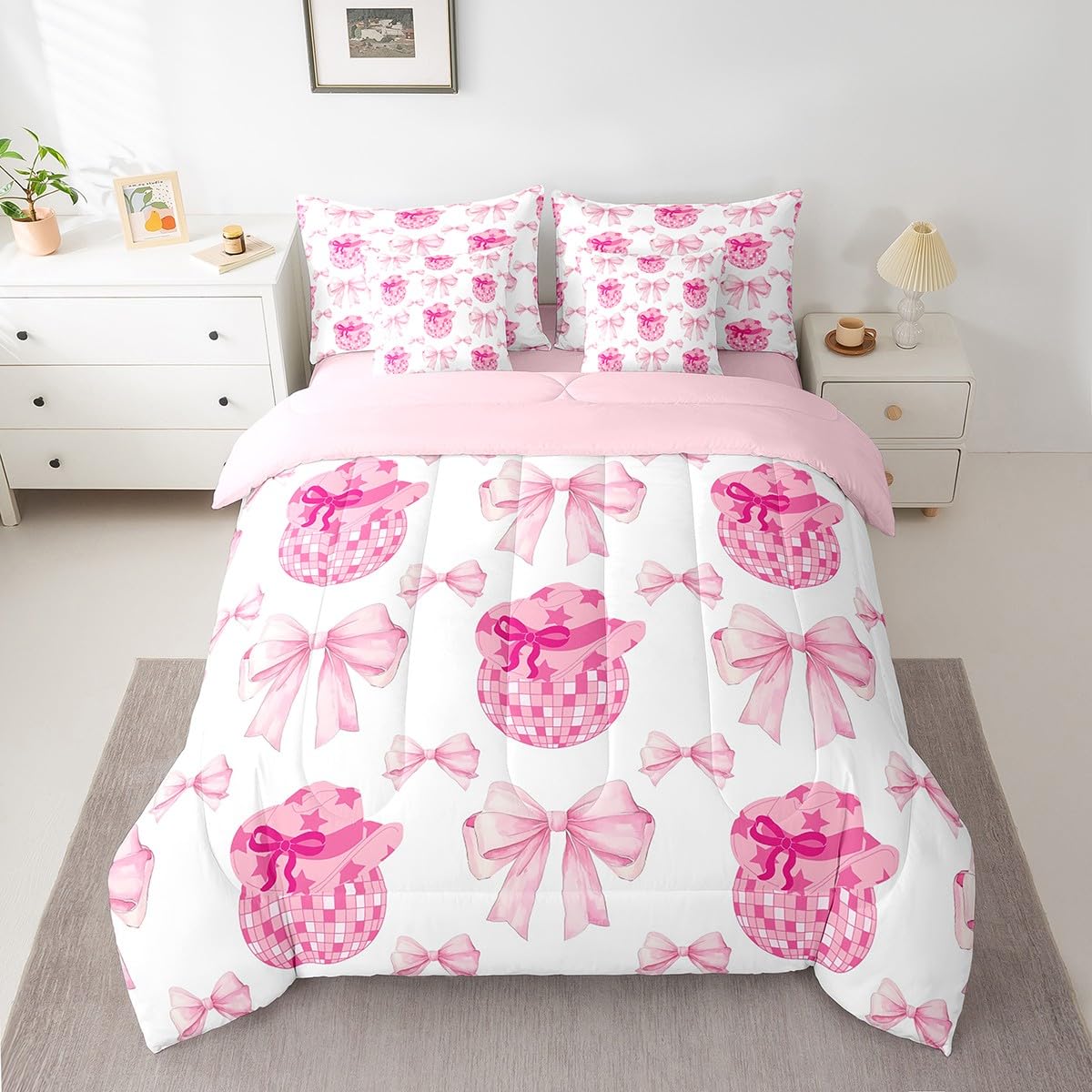 Erosebridal 7 Piece Pink Bowknot King Bedding Set for Girls Women,Western Cowgirl Kids Comforter Set,Disco Ball Duvet Set,Rustic Farmhouse Cowboy Quilt Comforter,Hippie Bow Valentine Day Sheet Set