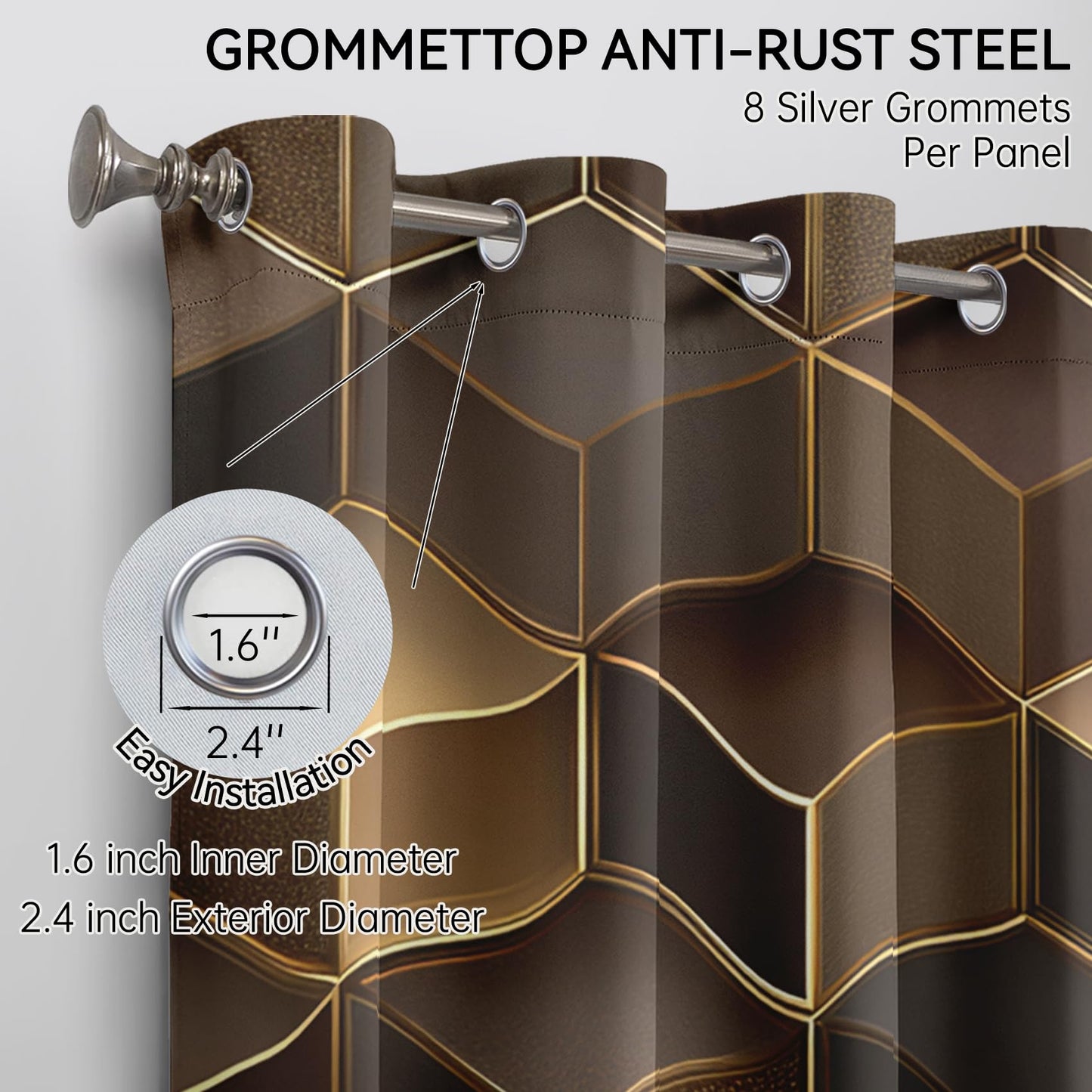 Mistwalk Brown and Gold Curtains 108 Inch Length 2 Panels Set, Patterned Blackout Curtains for Bedroom & Living Room, Room Darkening Thermal Insulated Grommet Drapes, 3D Geometric Window Treatments