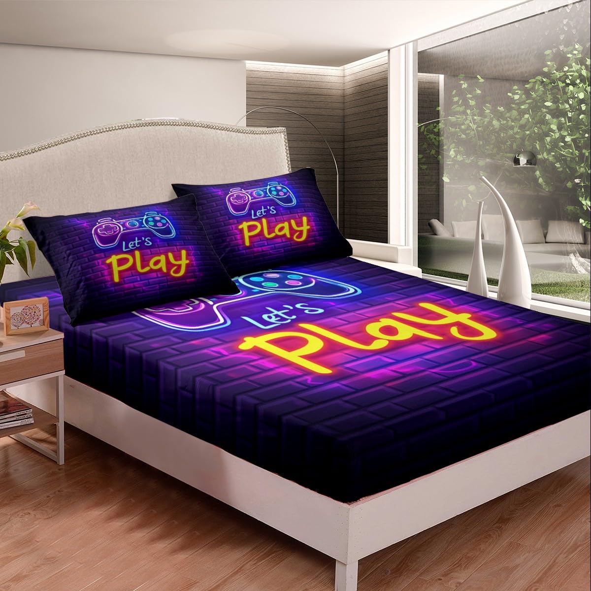 Gaming Gamer Bedding Sets Video Game Fitted Sheet for Boys Girls, Abstract Neon Style Gamepad Bed Sheets Geometric Brick Wall Design Bedding Decor Set Youth Man, Bedroom Decorations Twin Size