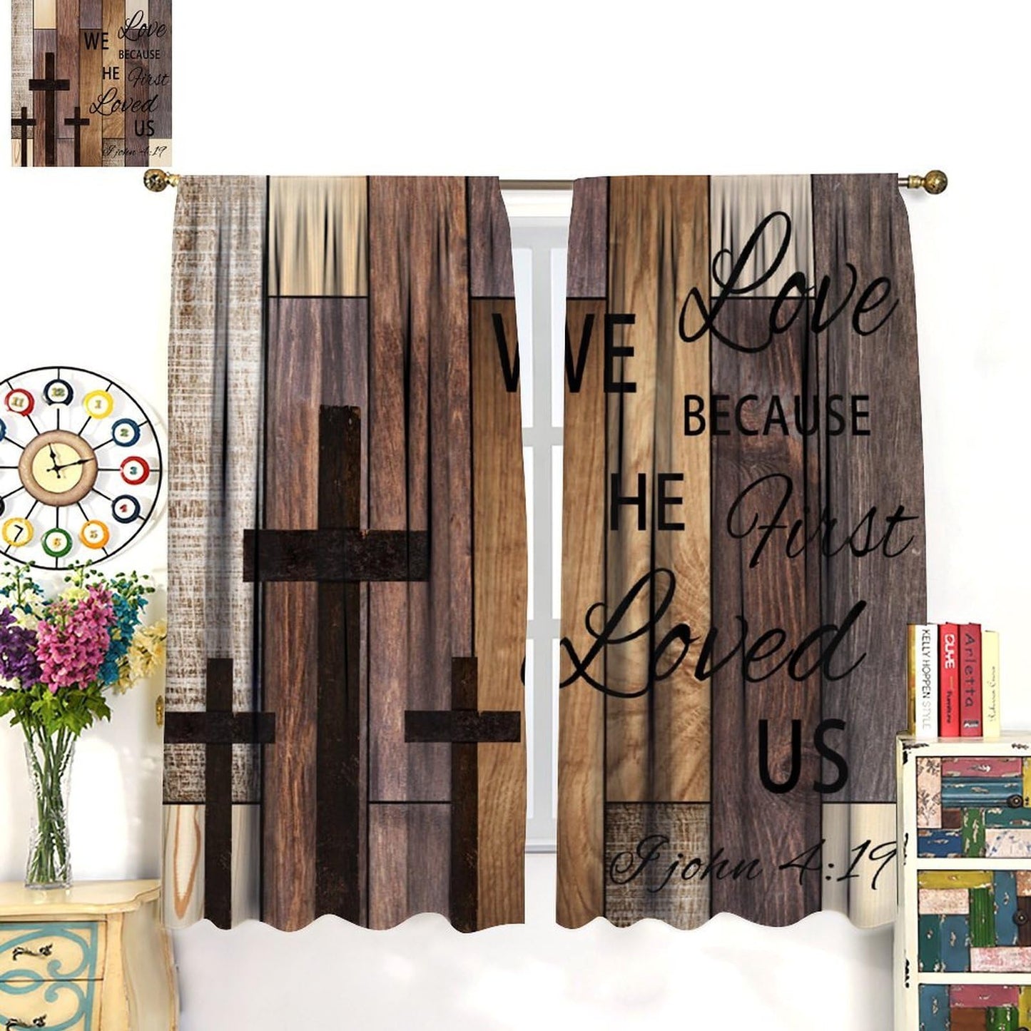 AAVEUP Farmhouse Wooden Curtains for Kitchen Rustic Brown Wood Board Bible Verse Cross Country Cottage Western Barnwood Garage Old Plank Window Drapes Print for Bedroom Living Room 42x45in