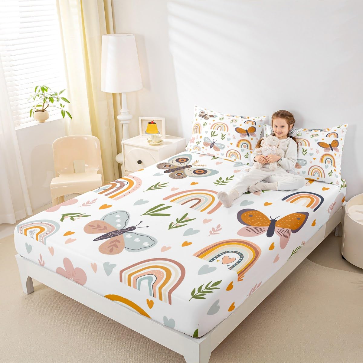Boho Rainbow Sheet Set Twin Size Cute Butterfly Bedding Set 3Pcs for Kids Girls Boys Adult Room Decor Cartoon Love Heart Palm Leaves Bed Sheet Animals Botanical Fitted + Flat Sheet,1 Pillowcase