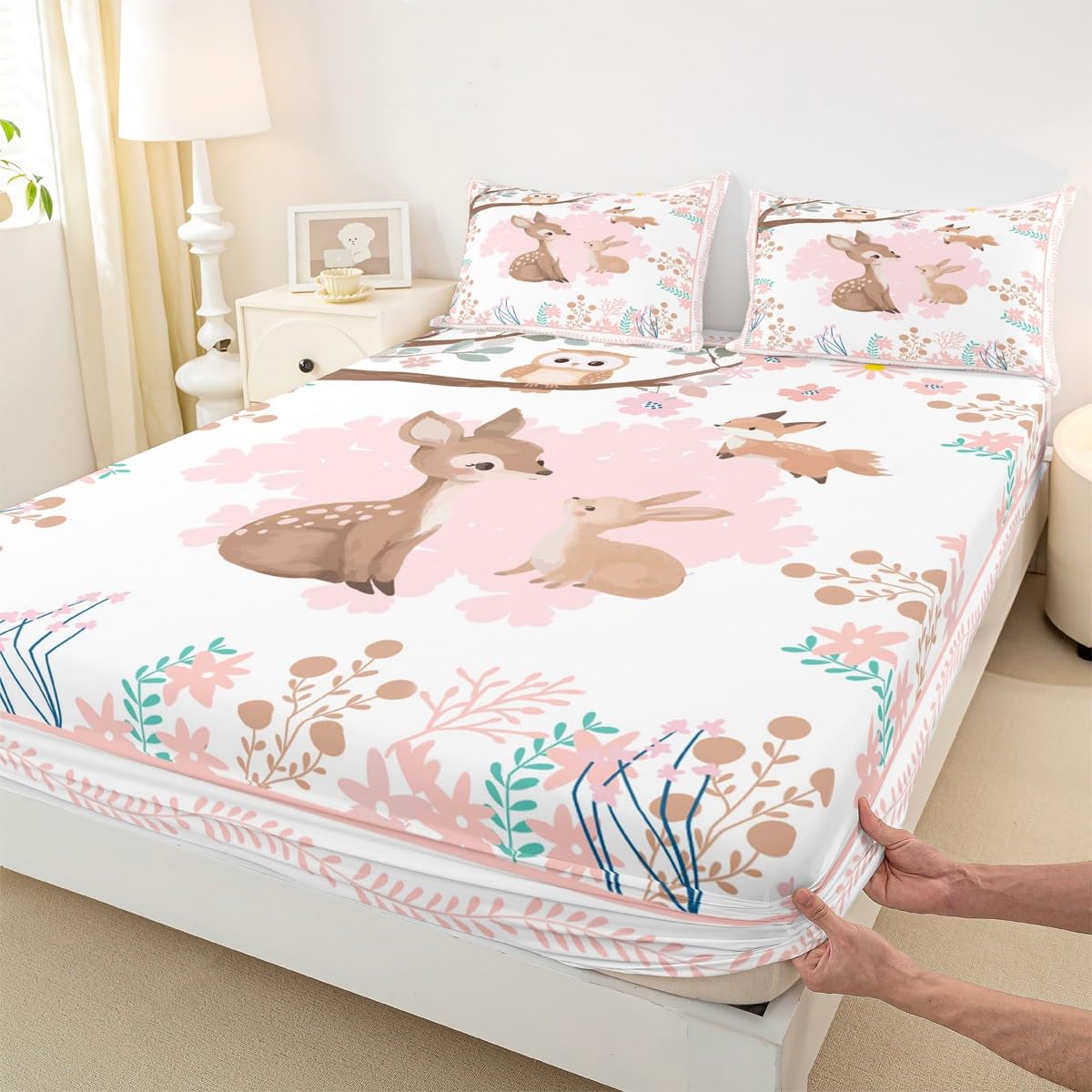 jejeloiu Cute Sika Deer Bedding Sheets Queen Size Pink Flower Bed Sheet Set for Kids Boys Girls Fairytale Theme Fitted Sheet Kawaii Owl Bed Cover 3Pcs,1 Fitted Sheet+2 Pillow Sham（No Flat Sheet）