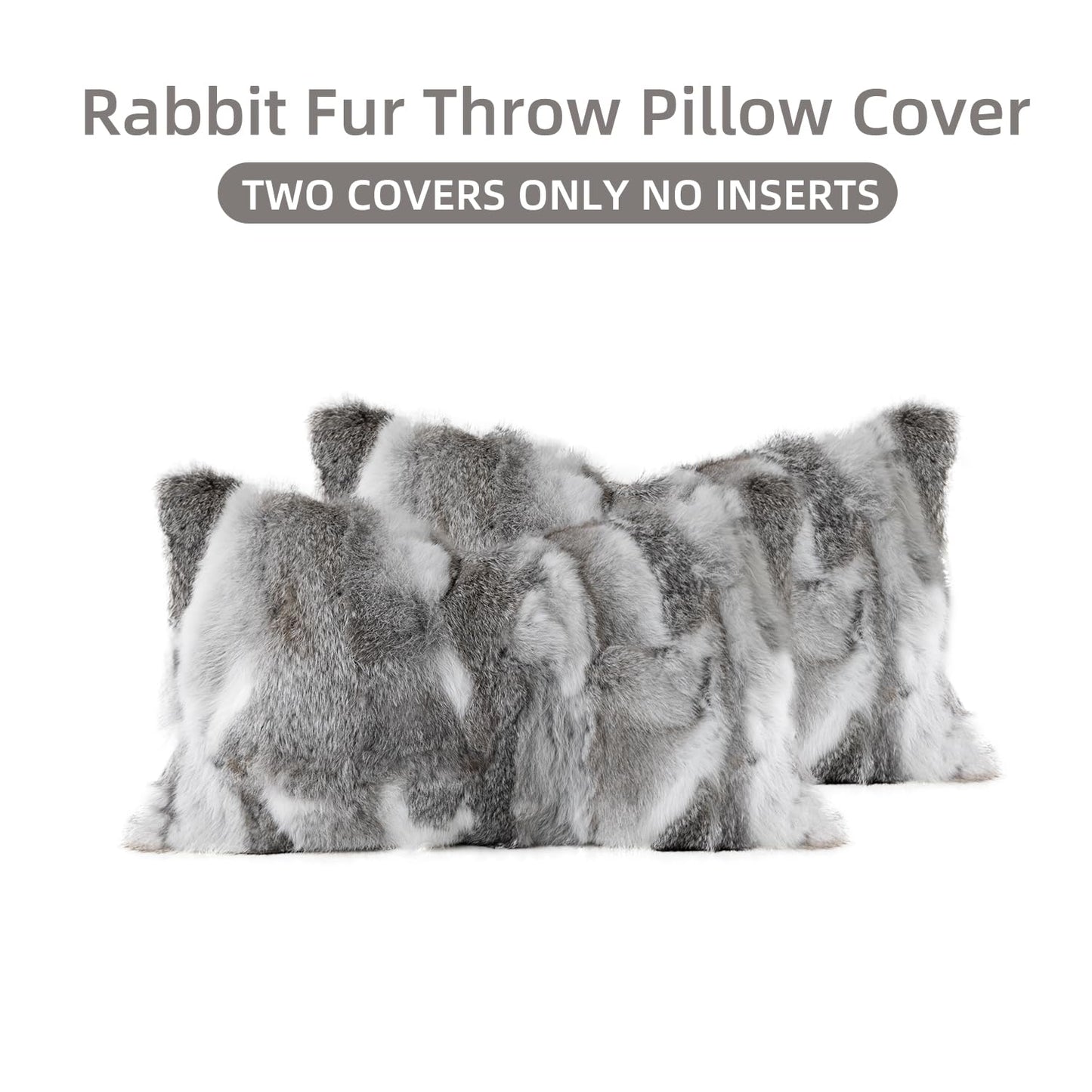 ROSE FEATHER Genuine Rabbit Fur Pillow Covers Set of 2, Luxury Decorative Throw Pillowcases Fluffy Animal Skin Accents Bolster Cushion Cover for Couch Sofa Bedroom Living Room Home,12x20inch, Grey