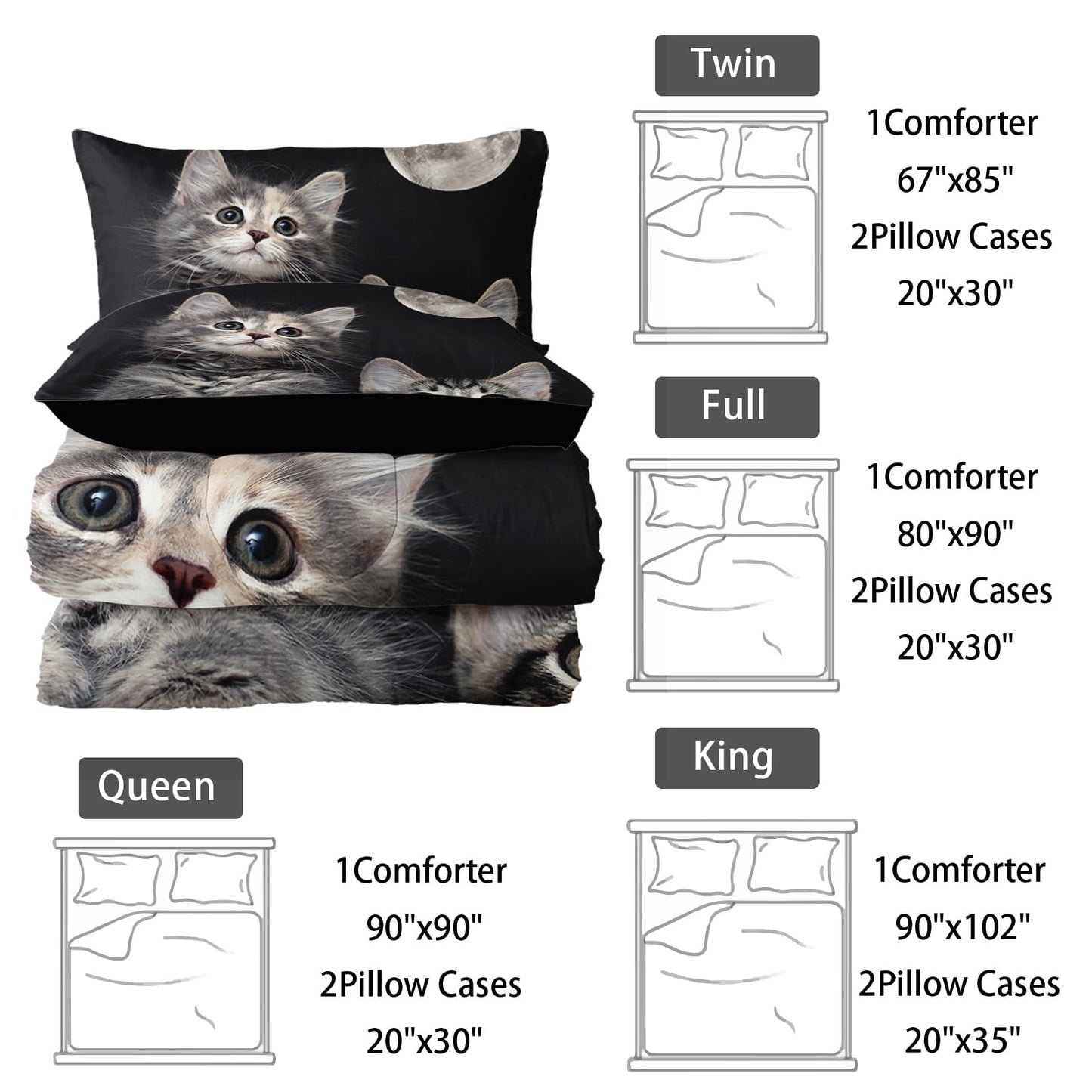 Nttopship Kids Cute Cat Comforter Bedding Set Twin,Grey Kawaii Pet Cat Bedding Set 3 Piece for Teens Kids Boys Girls Adults Animals Pattern Room Decor Soft Comforter with 2 Pillowcases