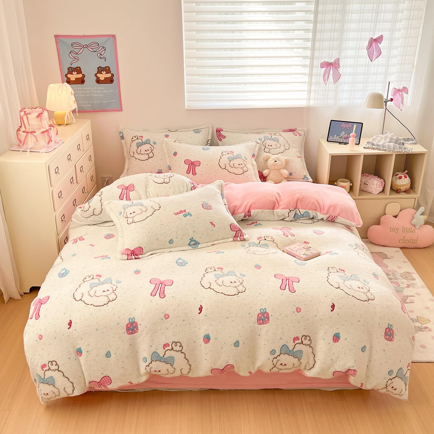 LMONMOO Pink Duvet Cover Queen, Puppy Kawaii Bedding Sets, Ultra Soft Cute Dogs Fluffy Comforter Covers Set for Girls Kids Women Teen (Puppy, Queen)