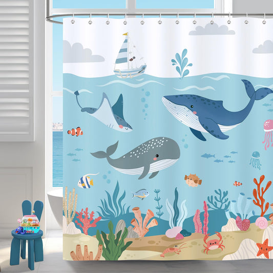 Bonhause Kids Whale Shower Curtain, Cute Ocean Fish Coral Under The Sea Bathroom Curtain 72x72 Inch Polyester Fabric Waterproof Bath Curtain with 12 Hooks