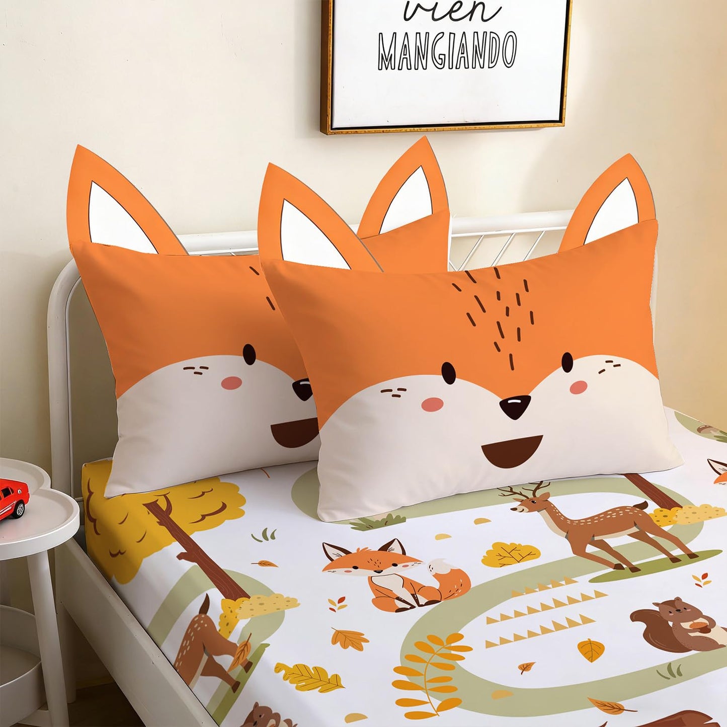 Yasida Twin Size Fox Forest Animals Twin Fitted Sheet Kids 3D Fox Pillowcase Washable Sheets Set Kid Animals Bedding Sheet Soft Microfiber(1*Sheet+1*Pillowcase)