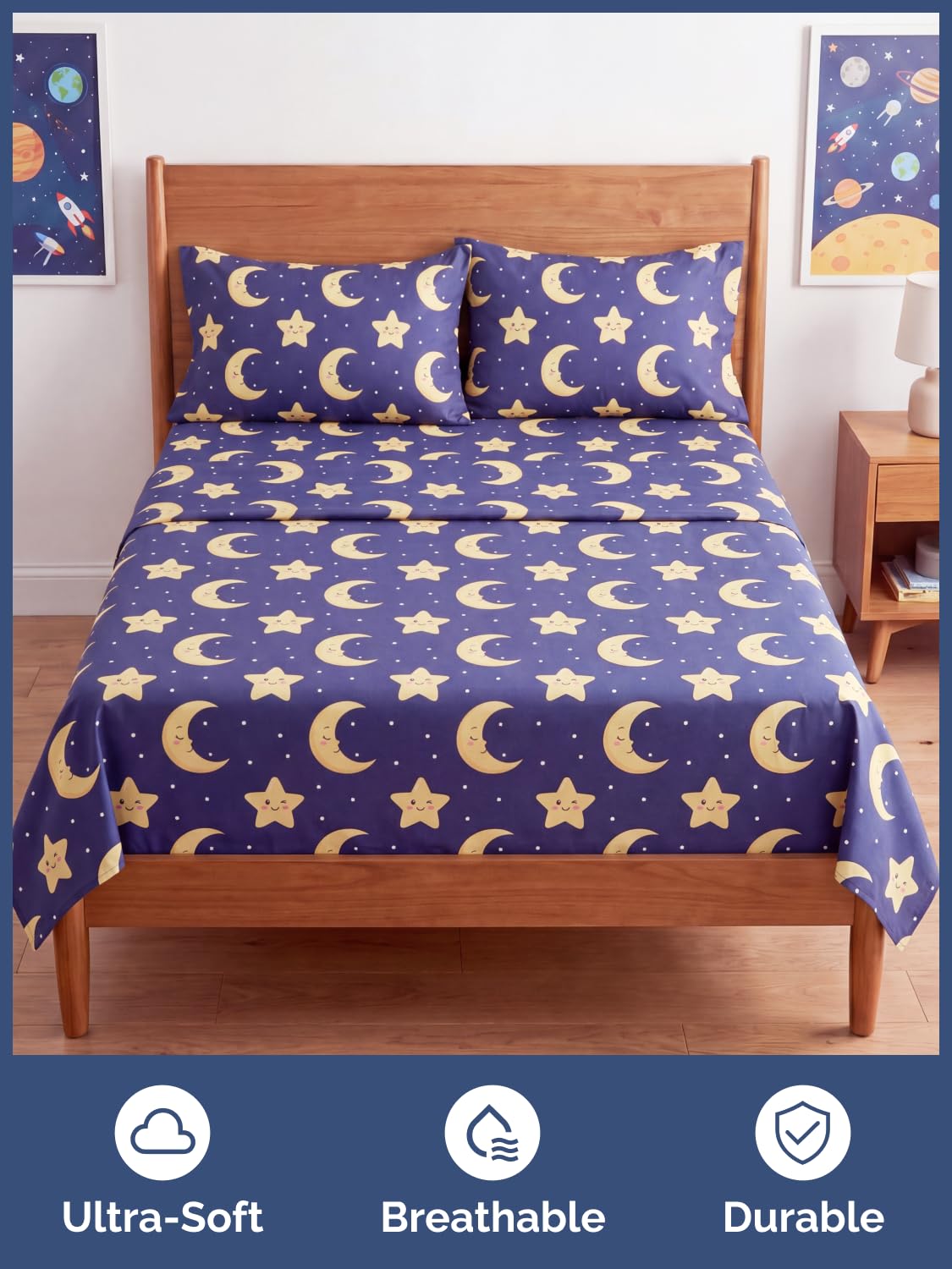 CGK Unlimited Kids Twinkle Stars Queen 4 Piece Sheet Set - Boys, Girls, Teens, Toddler - Easy Fit Deep Pockets - Soft, Cooling & Breathable Sheets - Cute, Cozy, Fade & Wrinkle Free - Machine Washable