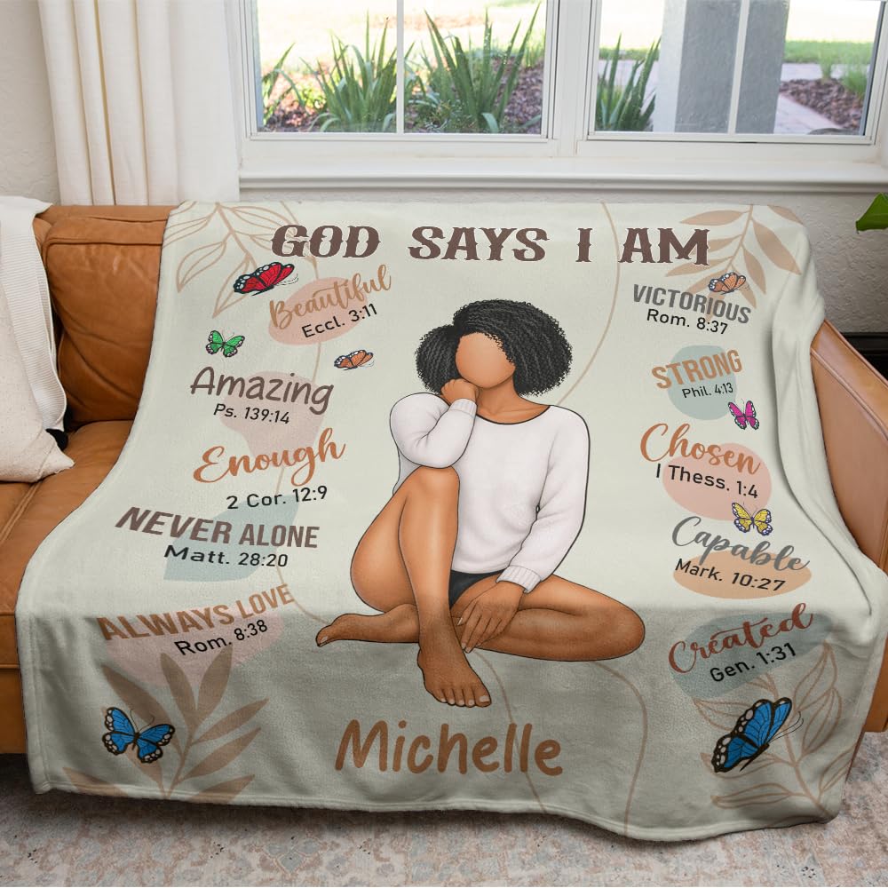 CAPOZEN Personalized God Says I AM Blanket – Custom Name African Inspirational Christian Throw Blankets Gifts for Queen Girl Black Women (Style #2)