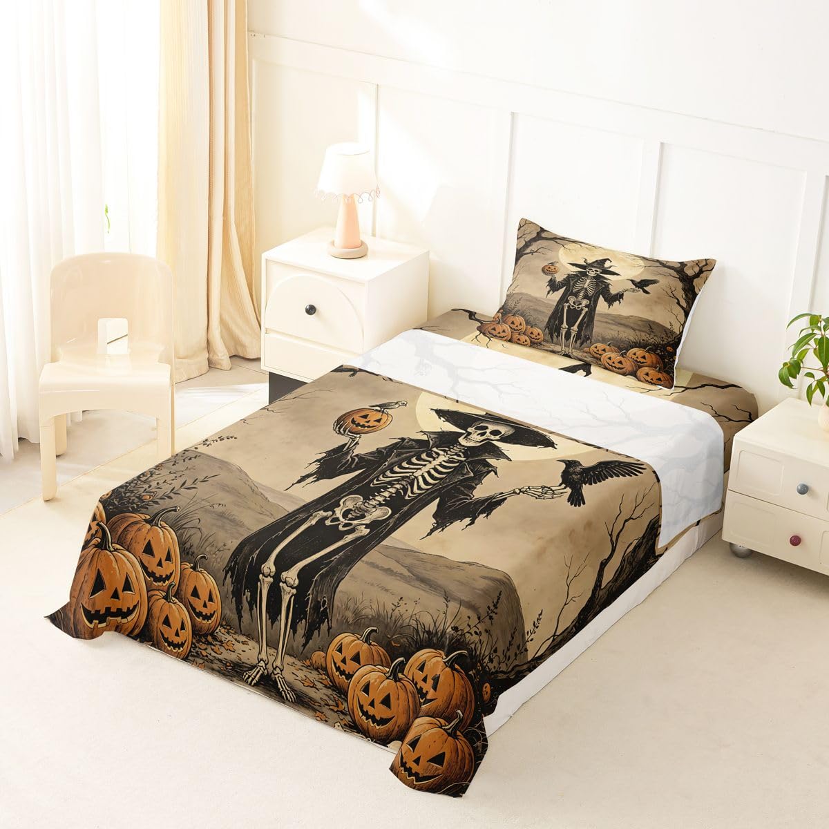 Erosebridal Halloween Skeleton Bed Sheets Twin Size Raven Full Moon Sheet Set Kids Adults Harvest Pumpkin Bedding Set Rustic Spooky Western Art Sheets